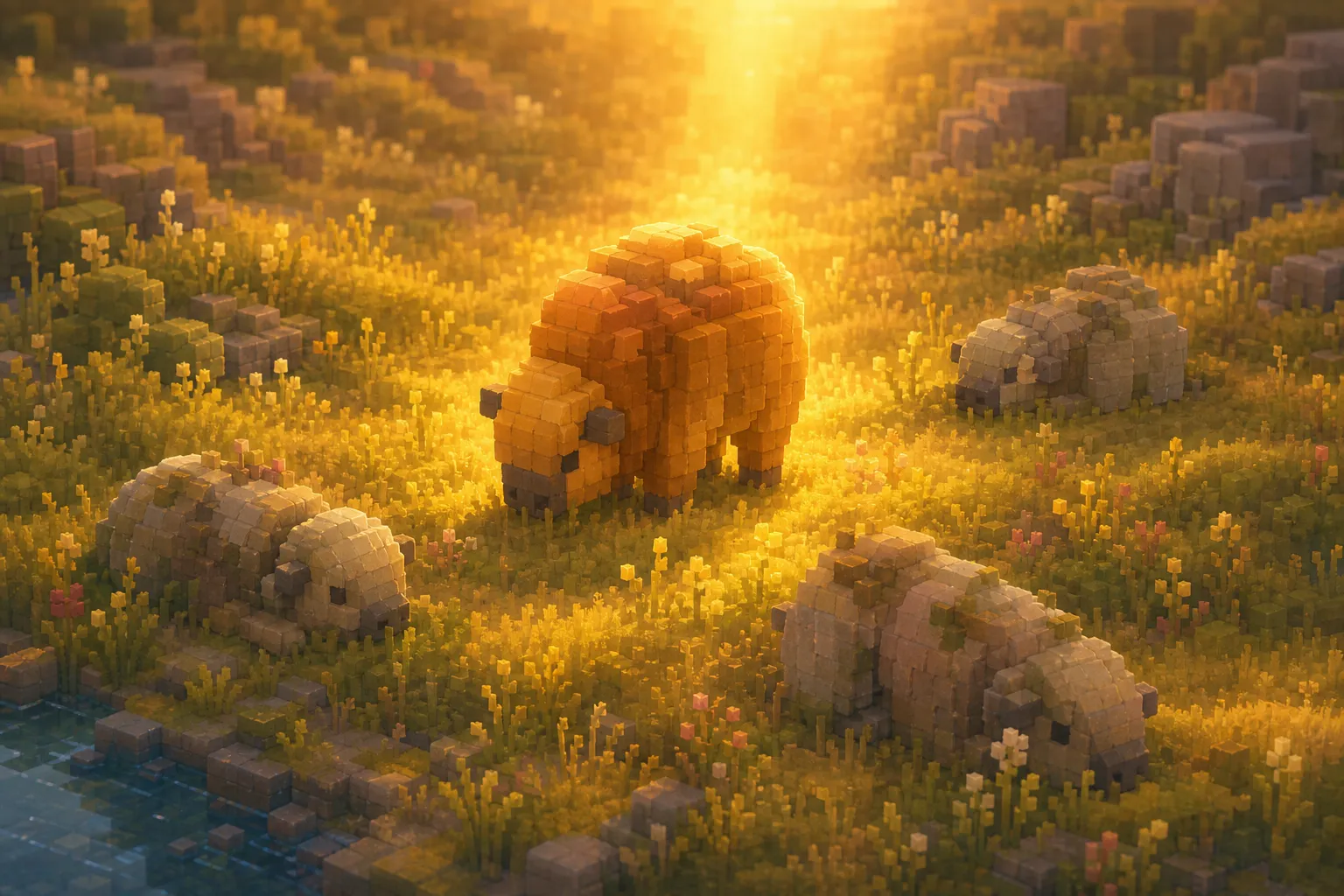 Golden-hour aerial view of a small voxel meadow where one brightly lit grazing creature stands under a soft warm shaft of light, set apart from a few paler, muted creatures resting in the grass nearby.