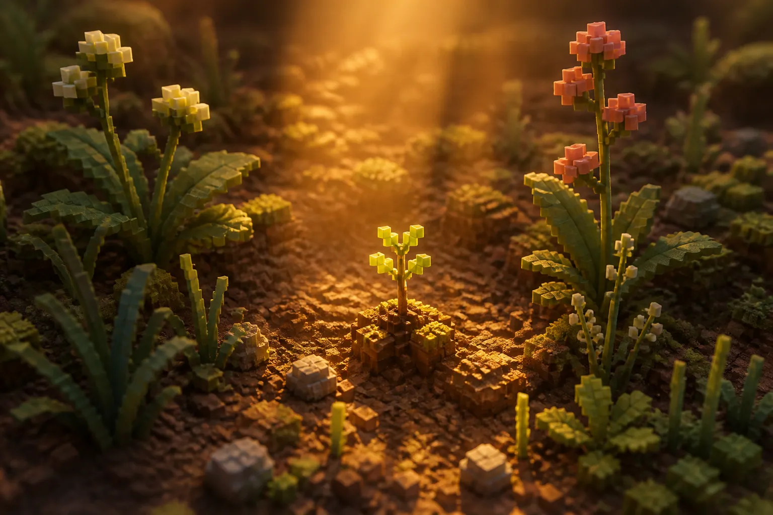 A single small voxel sapling rising from dark soil at golden hour, lit by a soft warm shaft of light that sets it apart from the larger plants around it.