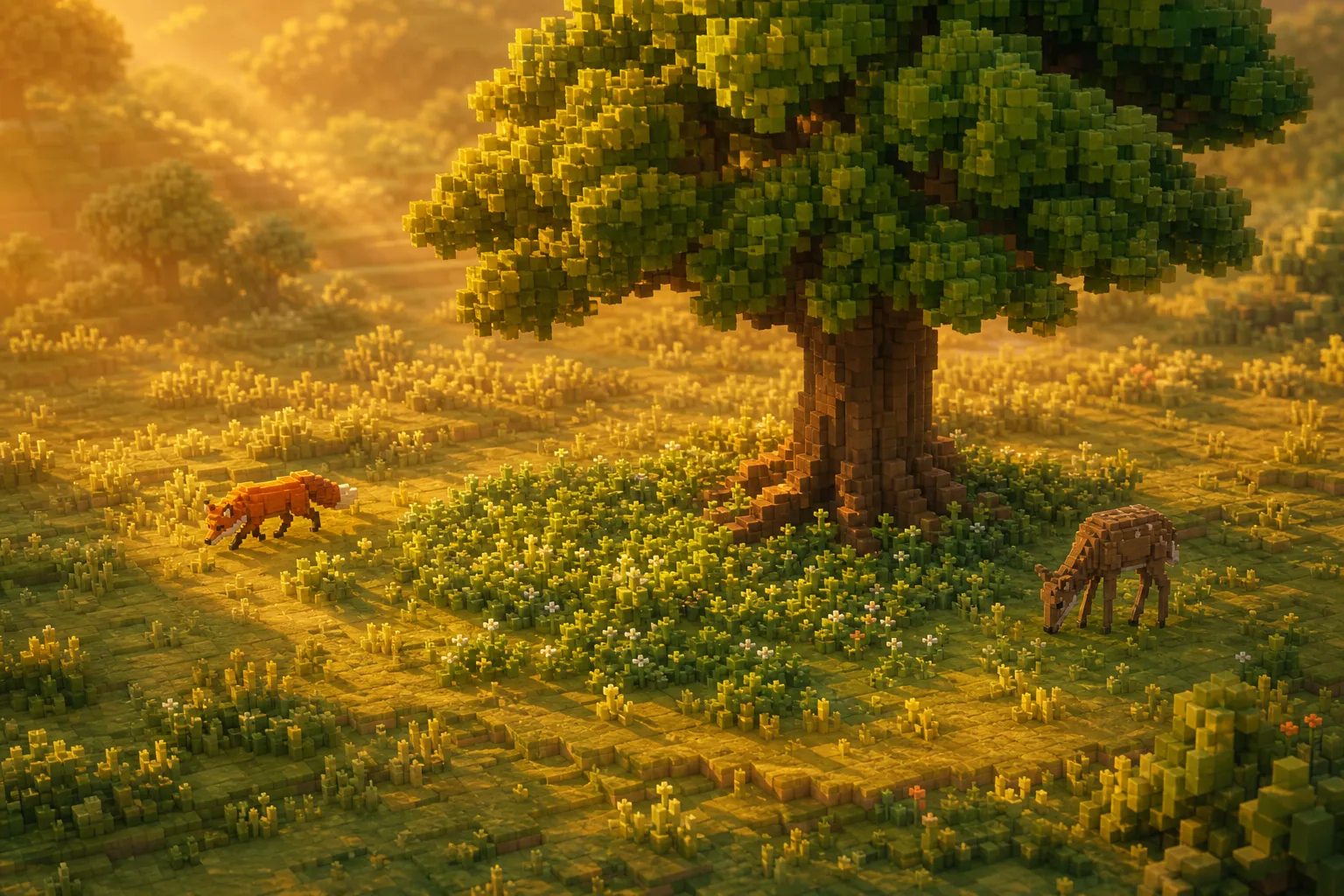 An aerial golden-hour view of a small, tidy voxel clearing holding a single tall tree, a patch of low grass, and two small animals, set apart from the wider land.