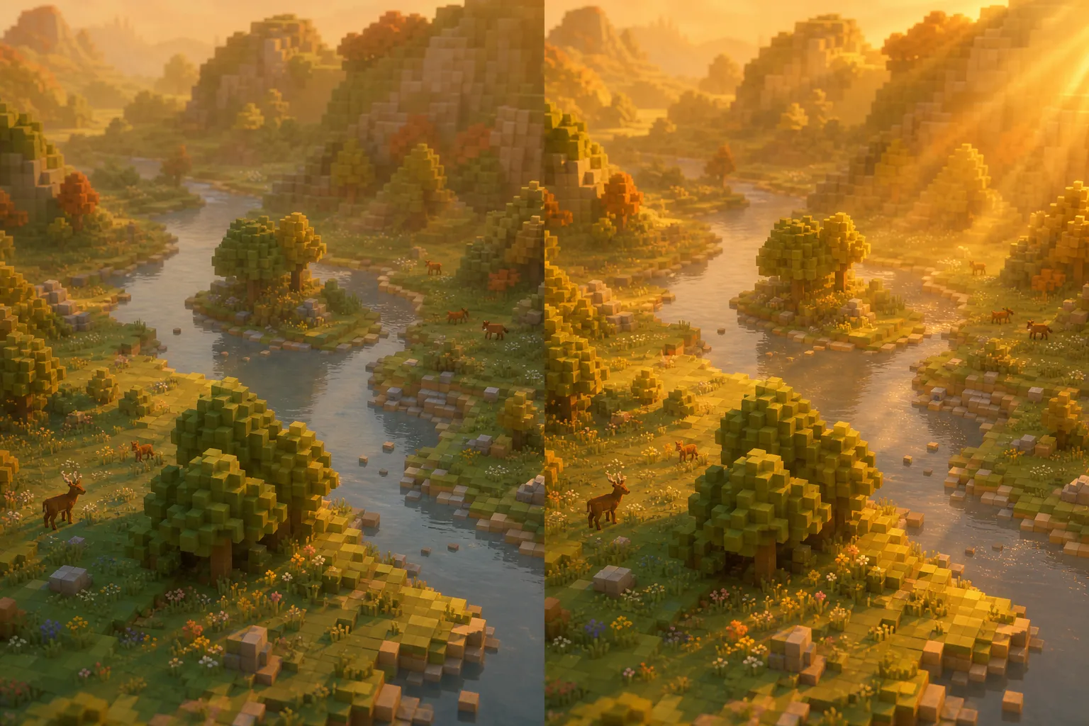 A golden-hour voxel valley shown twice: once in calm even light, once in a warmer, more insistent amber glow.