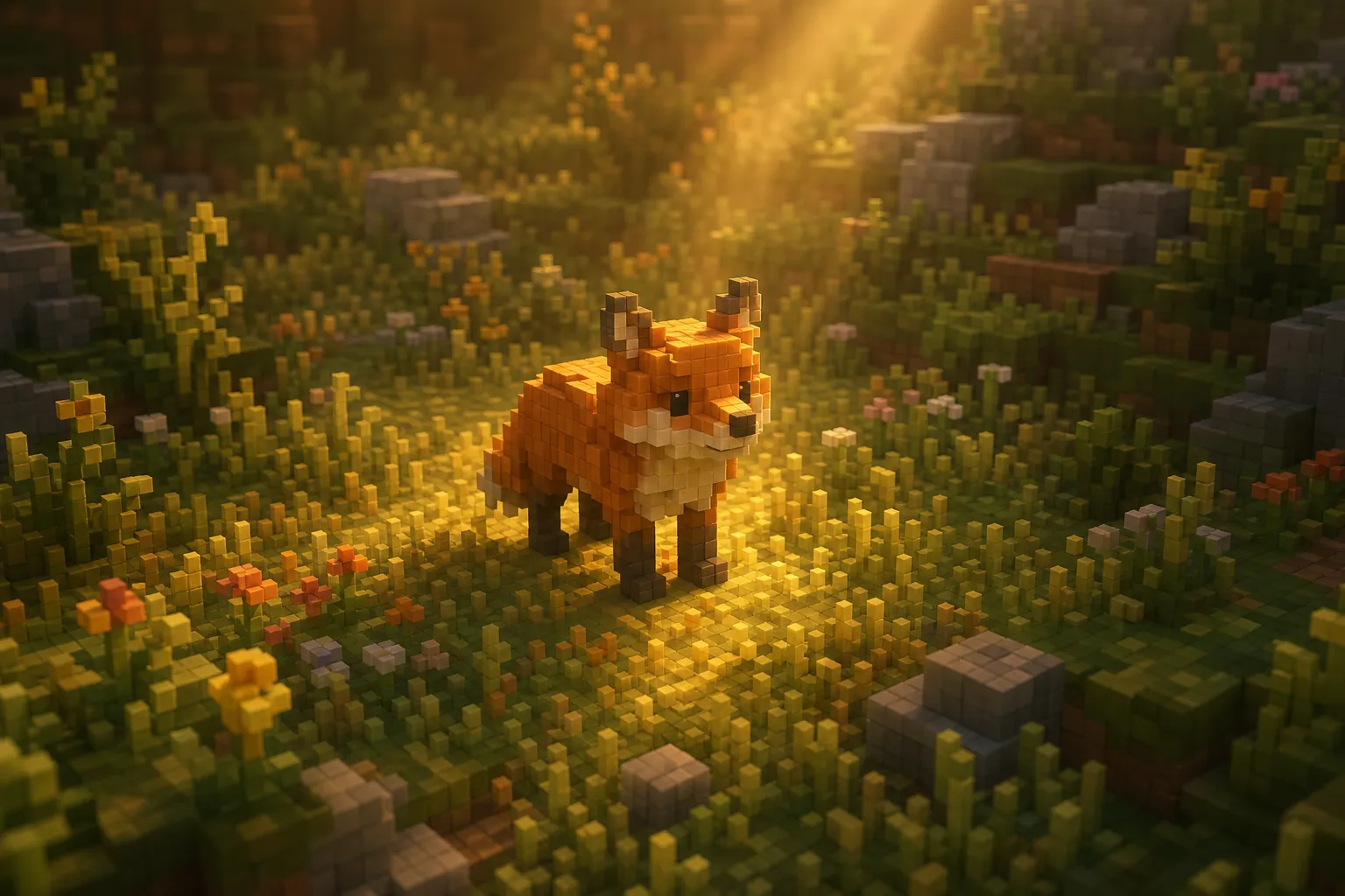 An aerial golden-hour view of a soft voxel meadow with a single small fox standing in a warm, light-touched clearing, the wild land softer and dimmer around it.