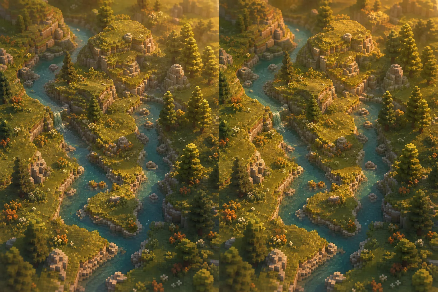 The same soft voxel valley at golden hour shown twice side by side, identical in shape but lit at a faintly different angle in each copy.