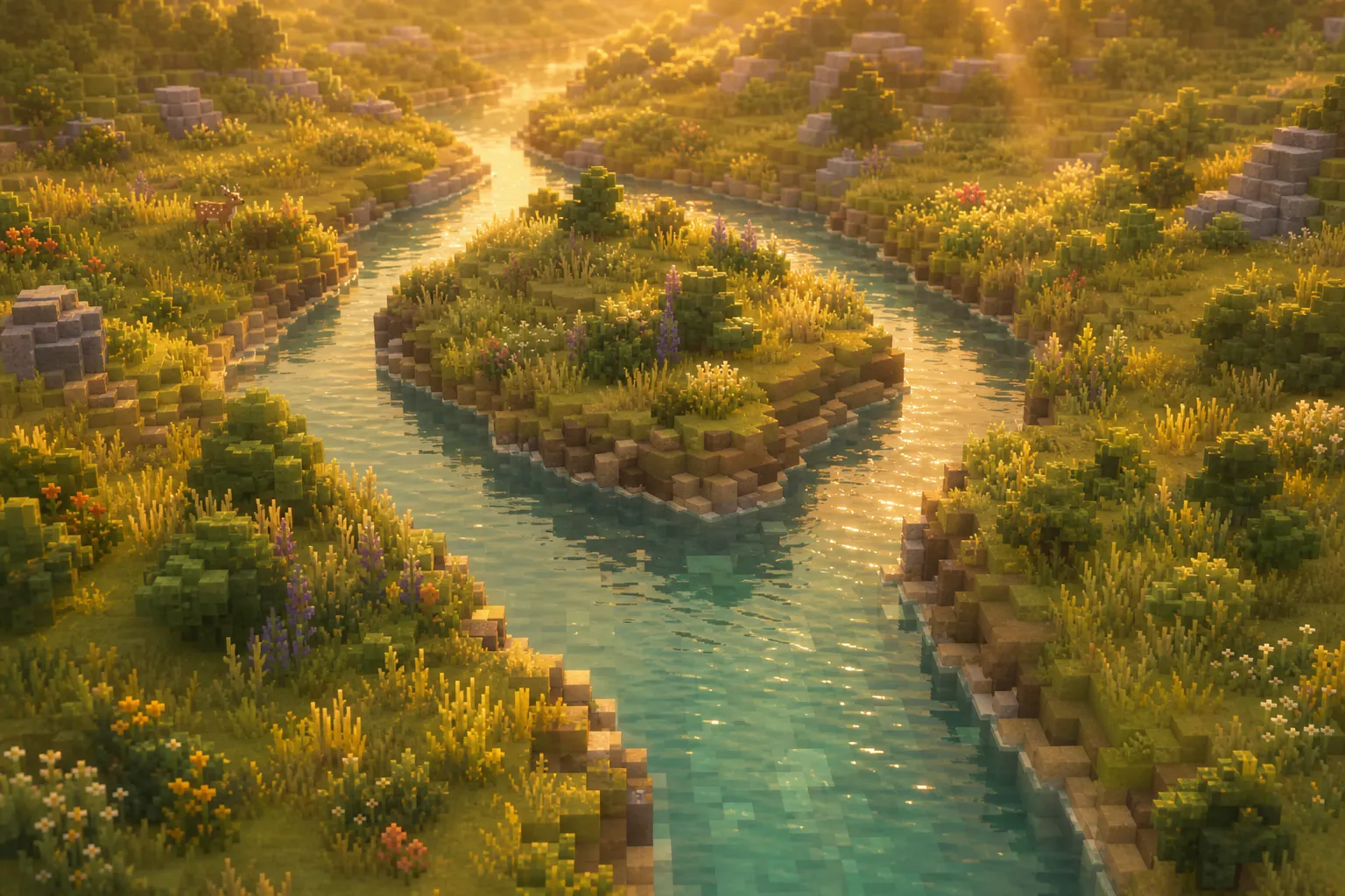 A golden-hour voxel valley where a river splits briefly around a small island and rejoins into a single clean channel, soft warm light across smooth rounded hills.