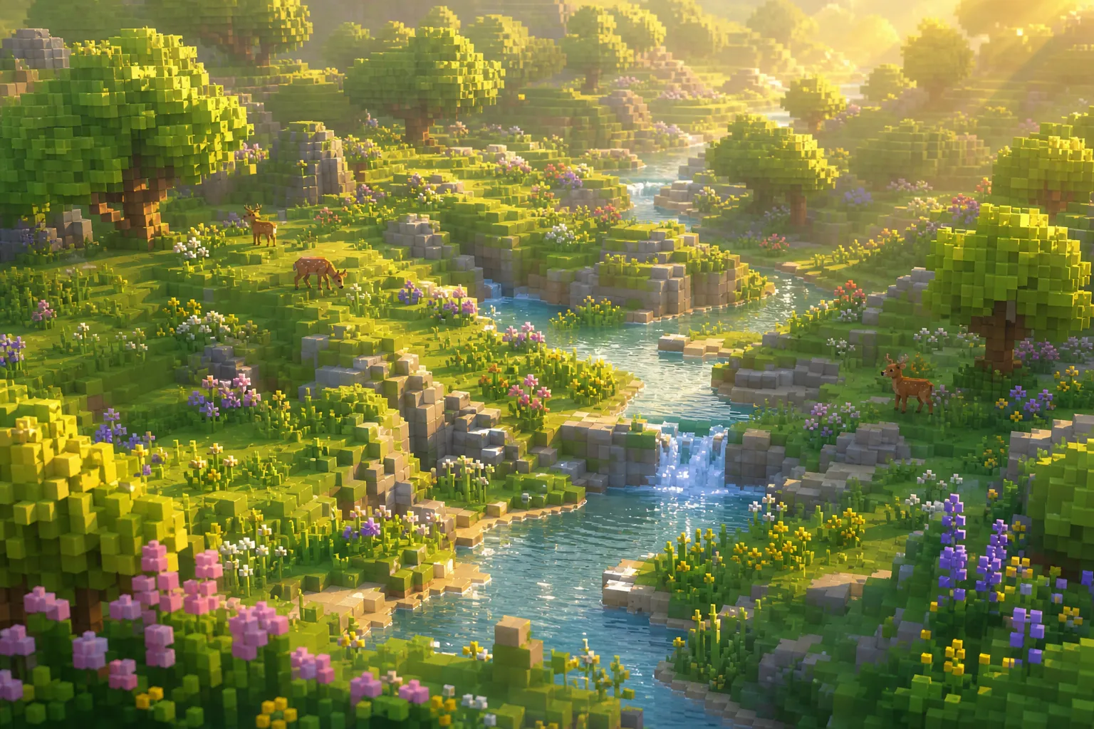 An aerial golden-hour view of a balanced, thriving voxel meadow valley with a river, rolling hills, abundant plants, and scattered small animals, lit by soft shafts of warm light.
