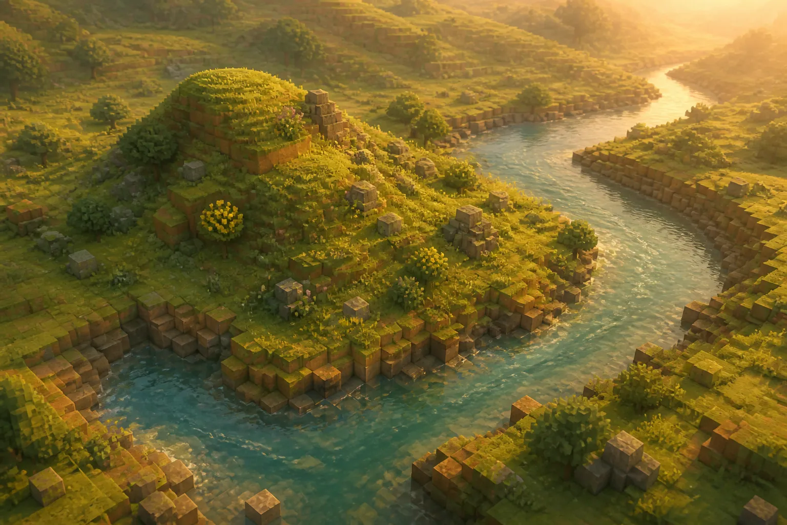 An aerial golden-hour view of a rounded voxel hill beside a curving river, framed as if the camera is slowly circling the spot.