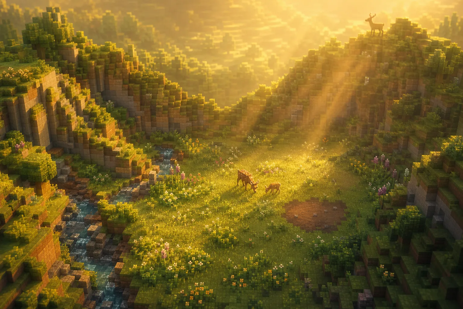 A small mid-spring voxel valley from above at golden hour: a pair of small animals grazing at the center, a bare patch of earth to one side, and a lone distant animal on a far ridge, soft shafts of warm light falling over the scene.