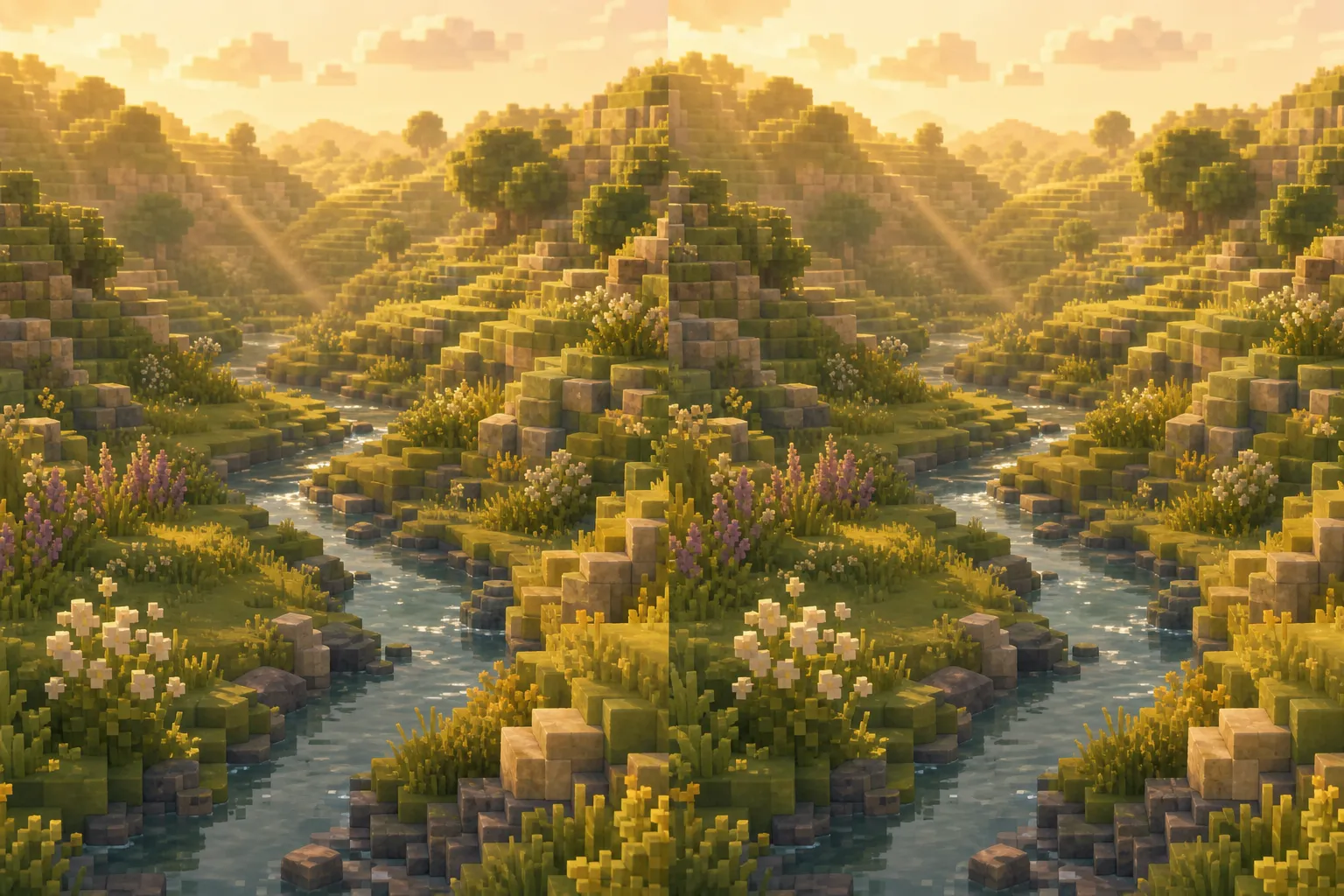 Two matching golden-hour voxel landscapes side by side, identical down to the ridgeline, river, and the angle of the warm low sun, as if one place were grown twice.
