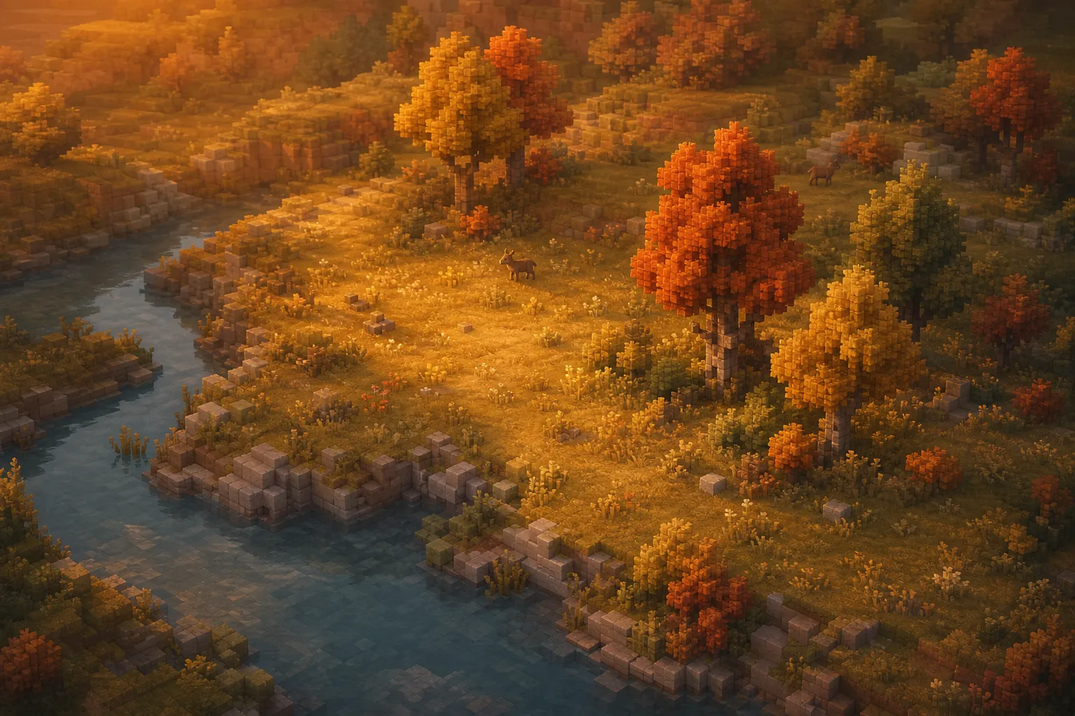 An aerial view of a small voxel world at autumn dusk, lit in soft gold and amber, perfectly still as if paused mid-evening.