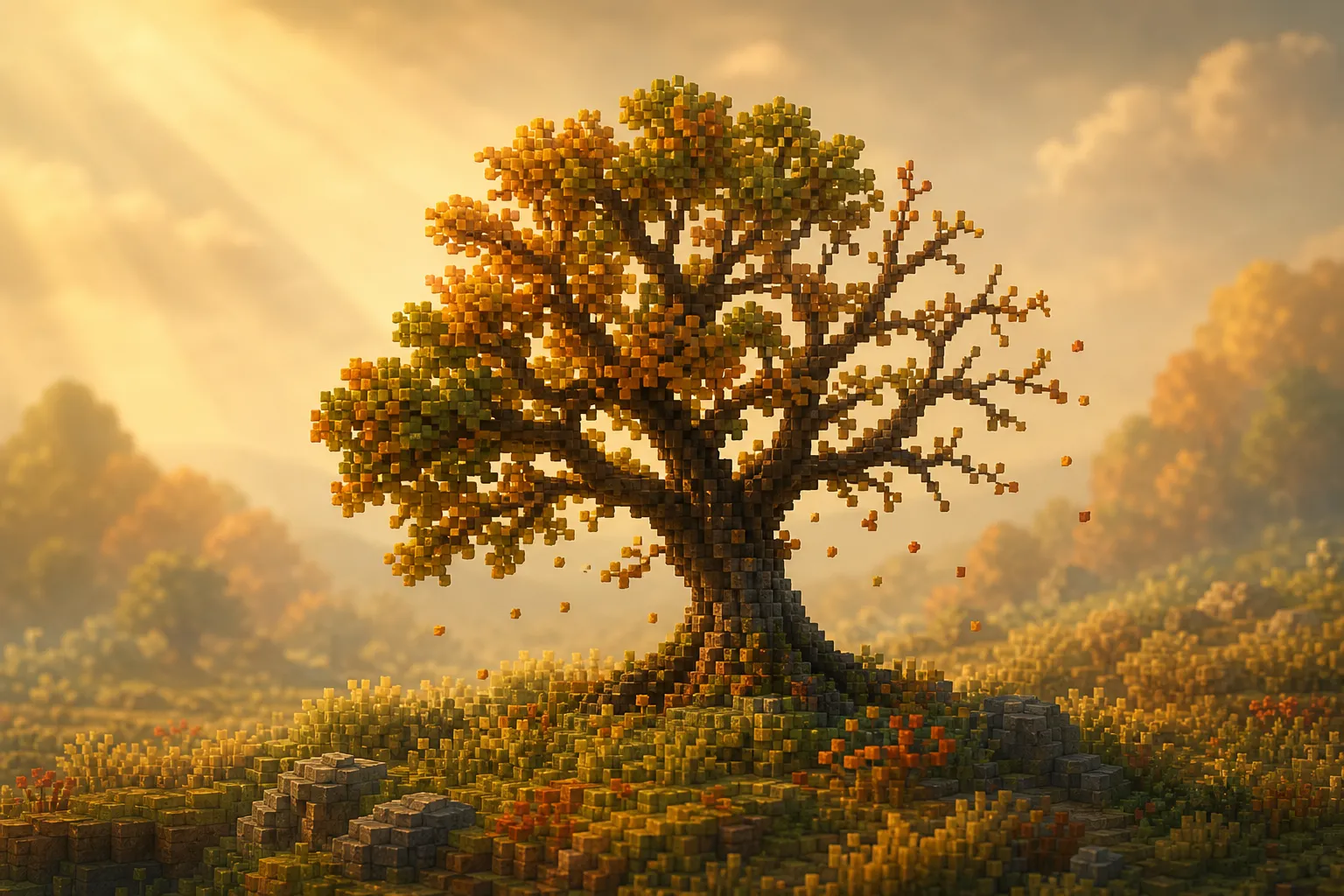 A single voxel oak in mid-autumn, its rounded crown thinned and shifting from green to amber, a few leaves drifting down over a meadow going quiet, in soft golden light.