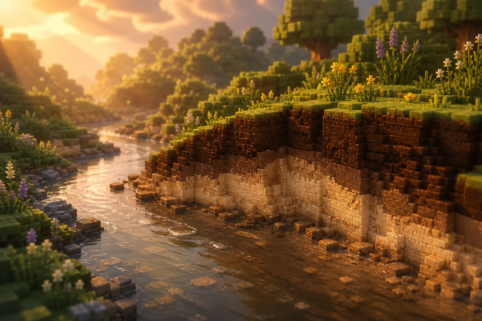 An eroded riverbank of voxel terrain at golden hour, the cut face exposing pale subsoil layered beneath darker fertile topsoil, with a river the land has carved for itself winding past.