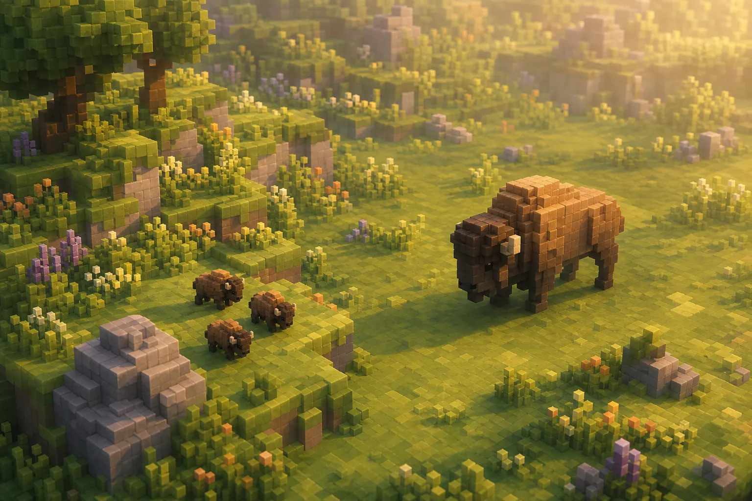 A warm aerial view of a voxel landscape where small animals cluster densely on lush ground while a single larger animal occupies a wide open stretch alone, the spacing widening with size.