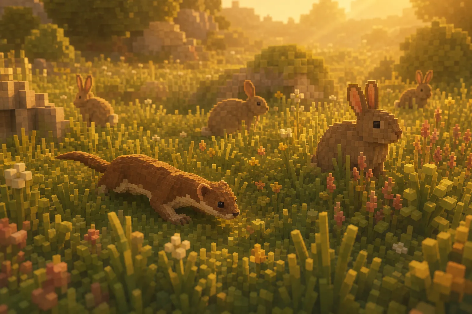 A small slender predator slipping low through tall golden-hour meadow grass near grazing rabbits in a soft, warm voxel wilderness.