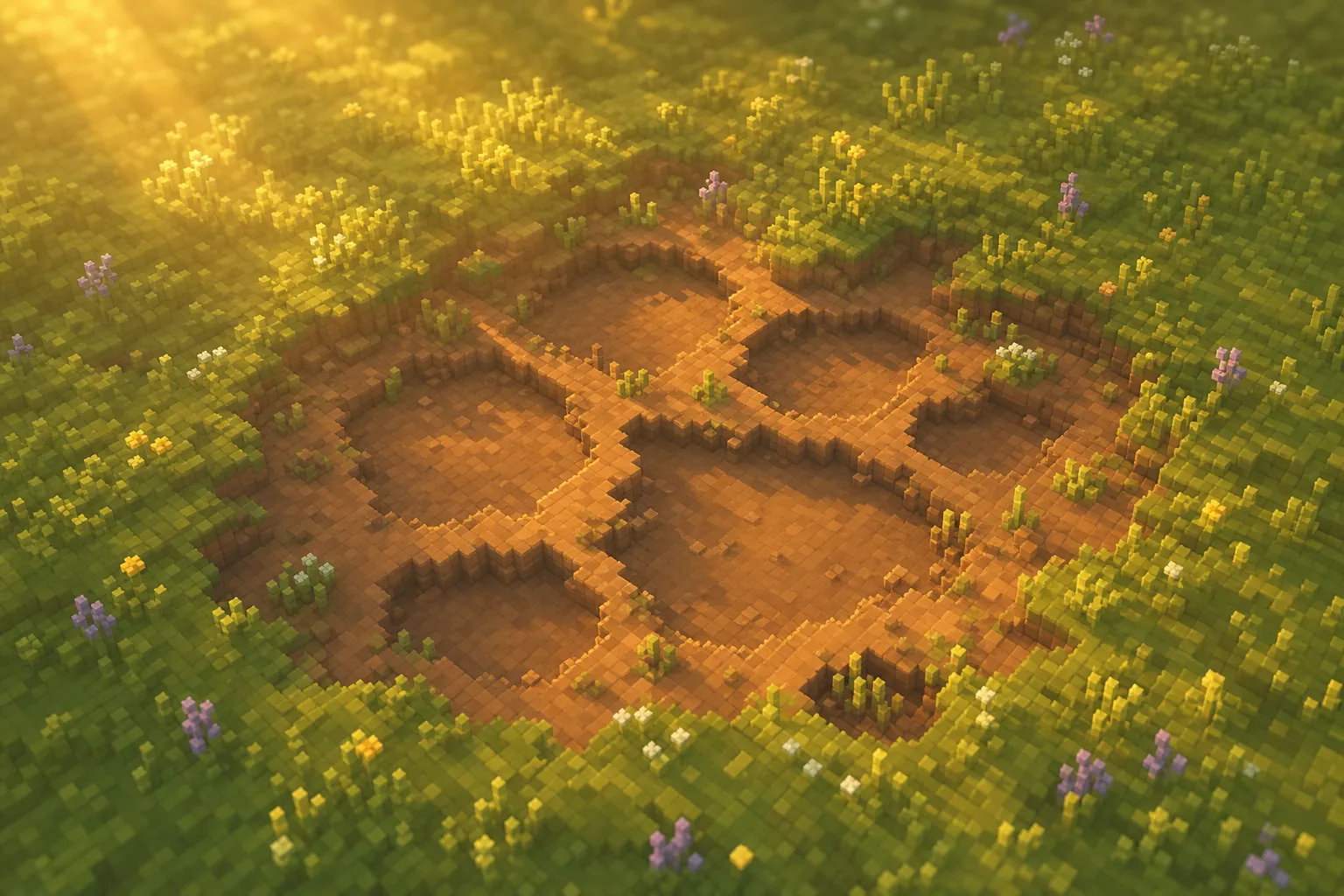 A patch of warm bare voxel earth at golden hour divided into several small empty hollows, prepared and waiting, surrounded by soft meadow.
