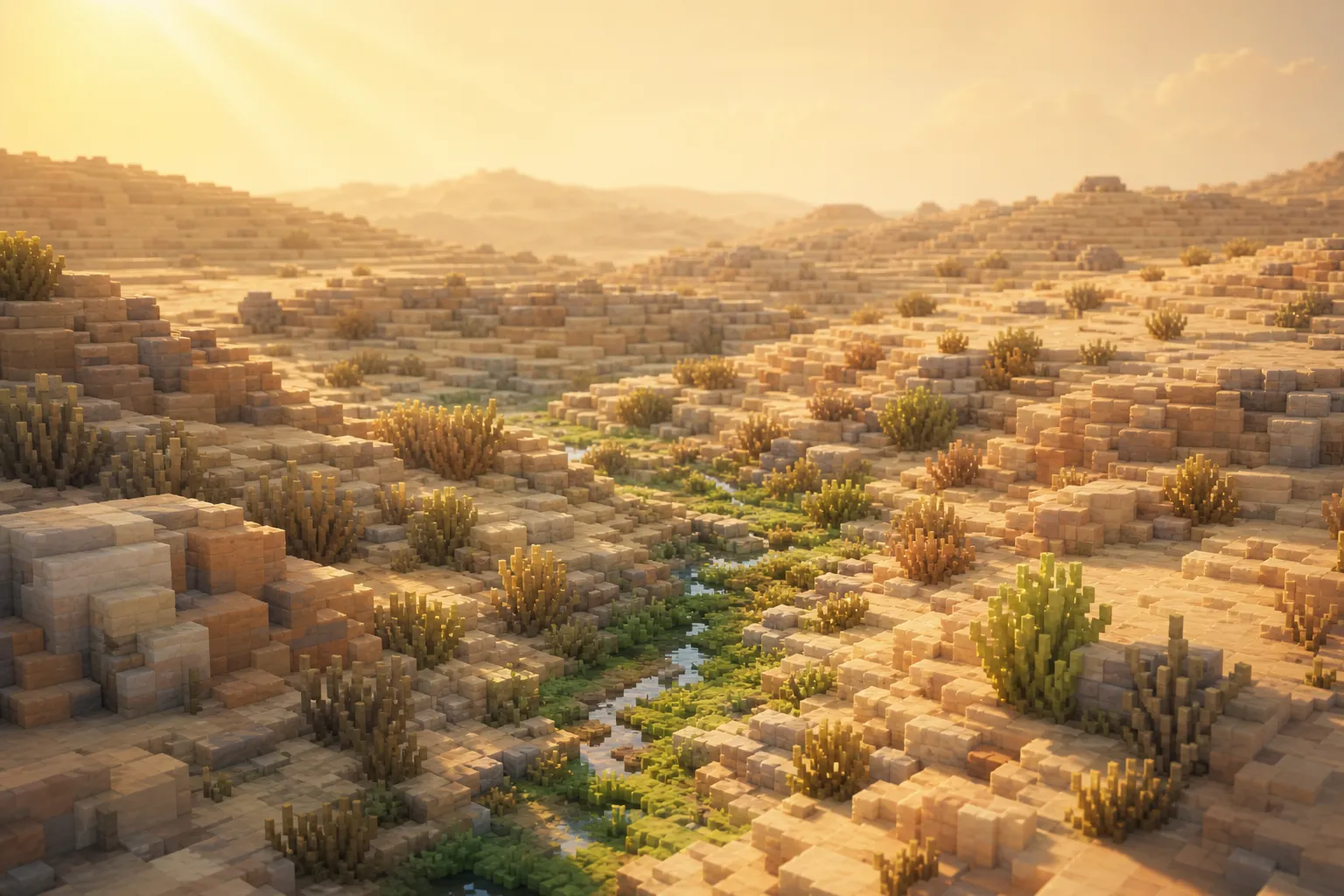 A dry voxel expanse of pale desert sands and weathered rock under a warm low sun, sparse tufts of hardy scrub, and a thin ribbon of fresh green tracing a shallow gully where a brief rain has just passed.
