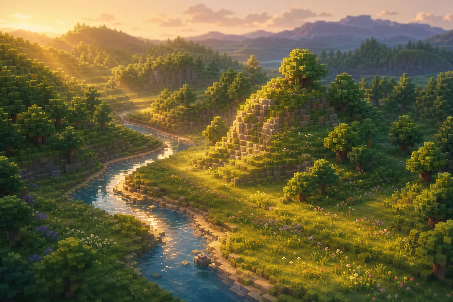 A wild valley of soft rounded voxel hills seen from a gentle aerial angle at golden hour, a winding river catching the low sun, bands of meadow and forest washed across the slopes, and cool blue dusk gathering in the far folds of the land.