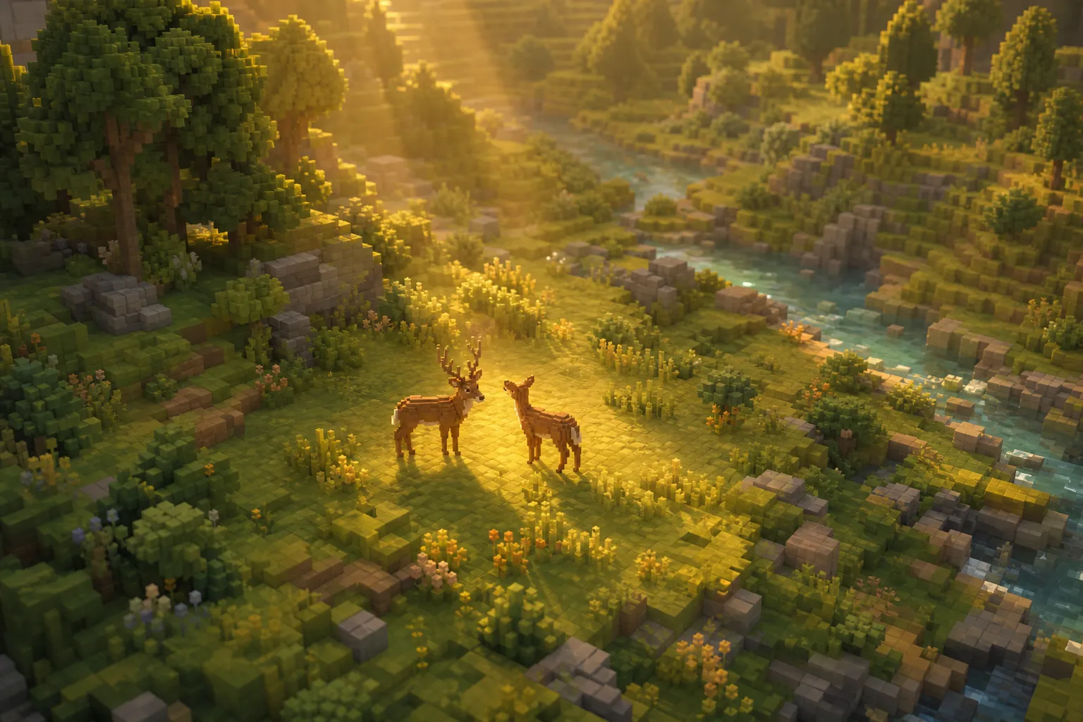 Aerial golden-hour view of a quiet voxel valley clearing where a soft shaft of warm light falls on two small animals standing close together on open grass.