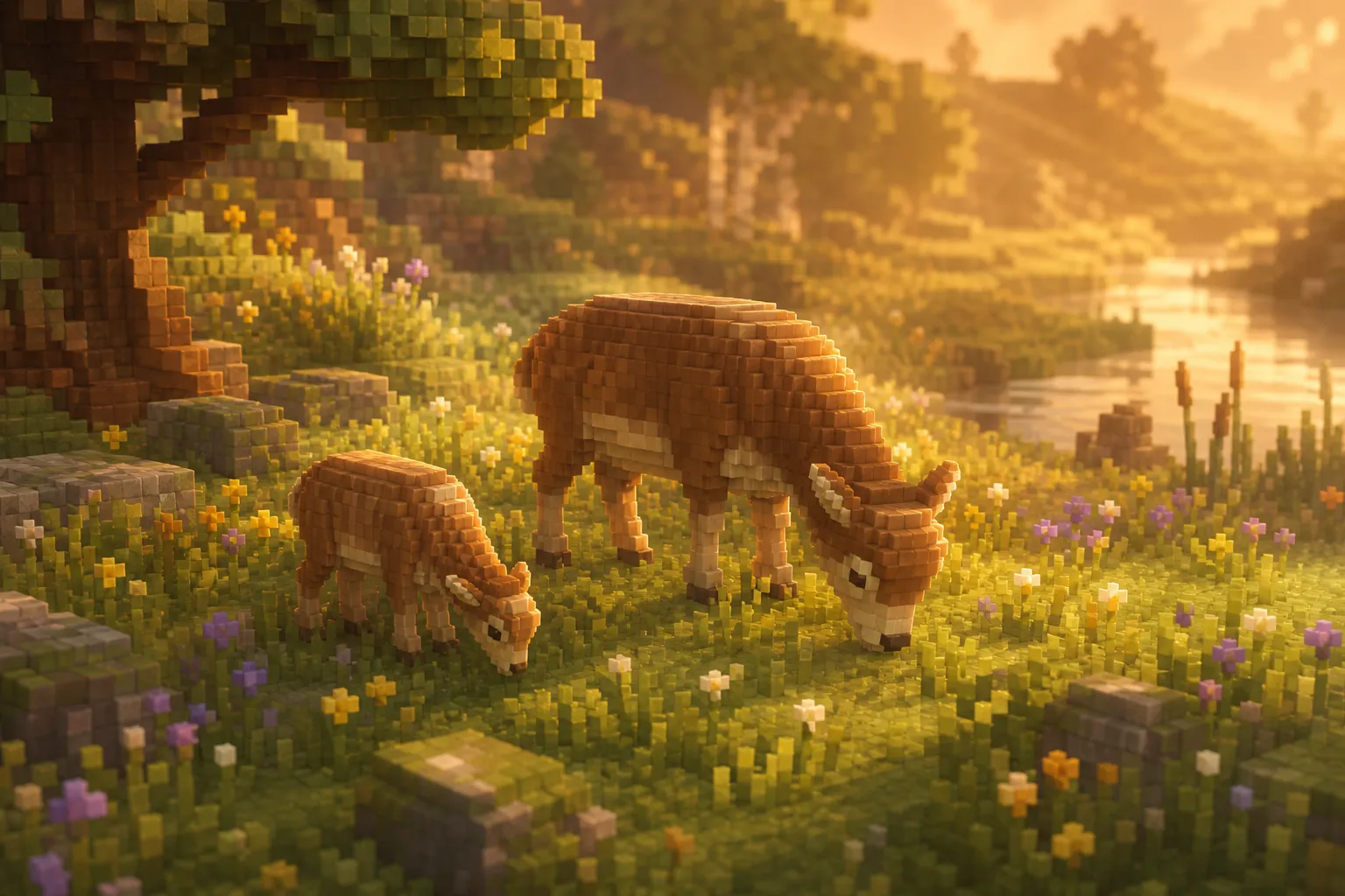 A sunlit voxel-meadow clearing at golden hour where a small grazing animal stands beside a much larger adult of the same kind, the juvenile roughly half its size.
