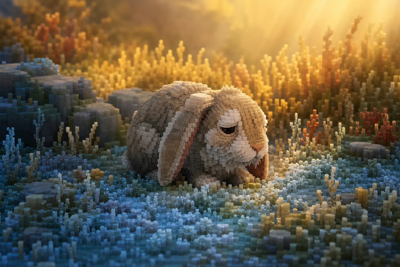 A single old, frail rabbit sitting low and still in a voxel meadow at golden hour, the first frost and a cold blue shadow creeping in from one side while warmer sunlit grass lies just behind it.