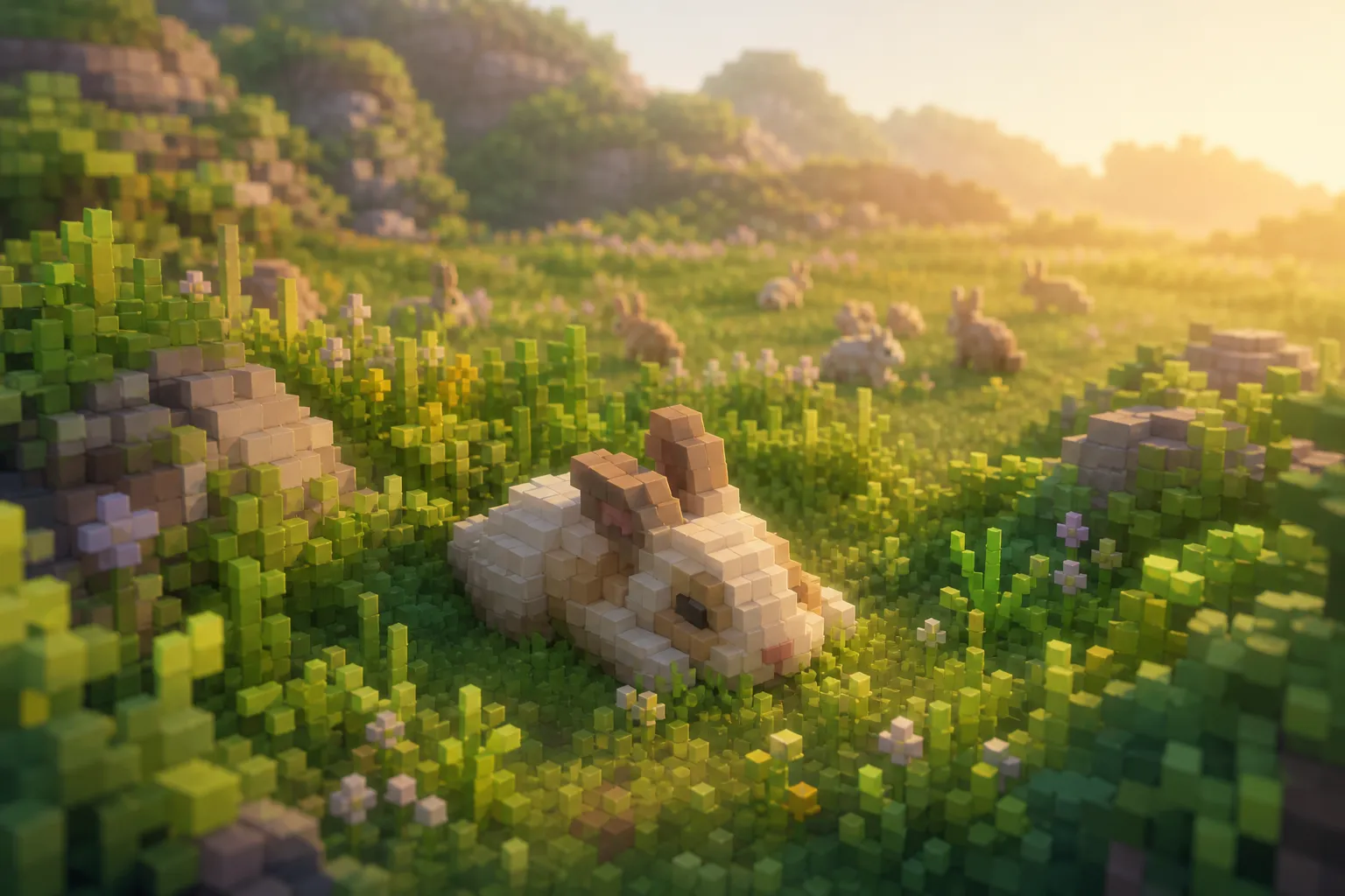A small voxel rabbit lying still at the sunlit edge of a meadow, the grass and low plants a little taller and greener around it, the rest of the herd grazing softly in the distance.