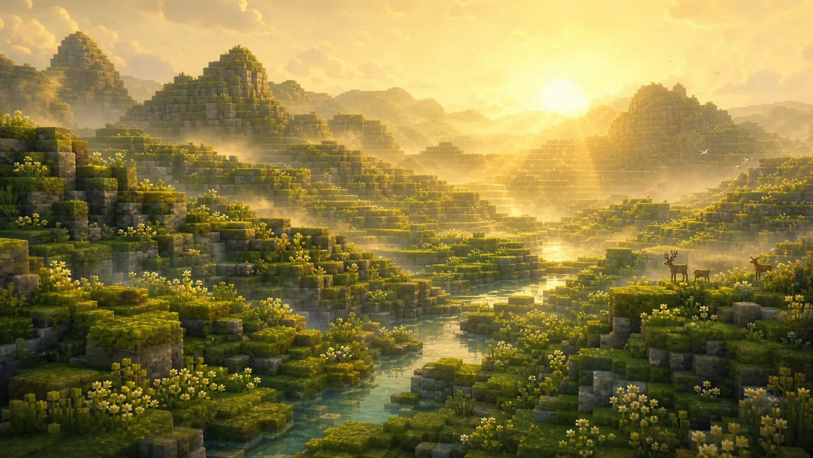 Soft pink dawn light over natural stone terraces and a wild meadow