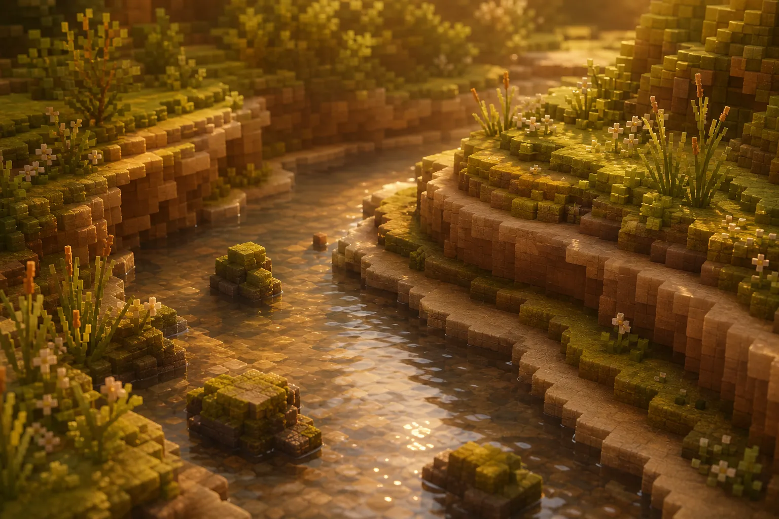 A stream winding through soft voxel terrain at golden hour, its banks carved into smooth eroded shelves where the slow water has worn the earth away.