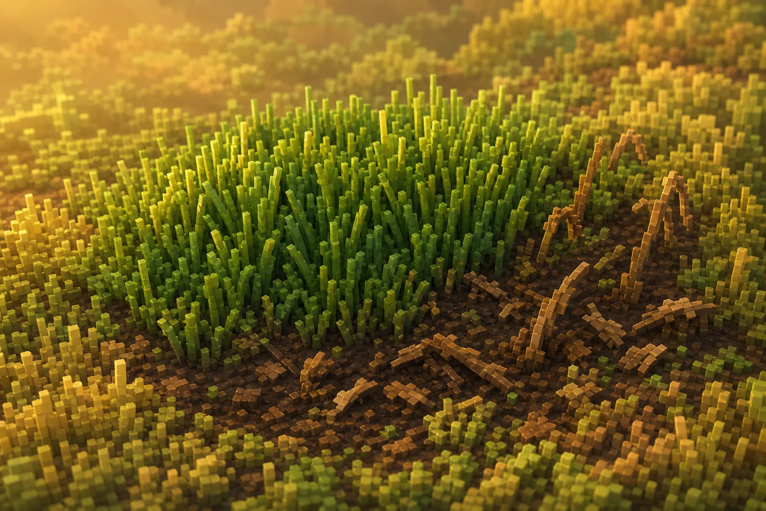 A patch of voxel meadow where the grass has come up thicker and darker green than the thinner grass around it, with a few withered, decomposing stems and fallen litter at its edge.