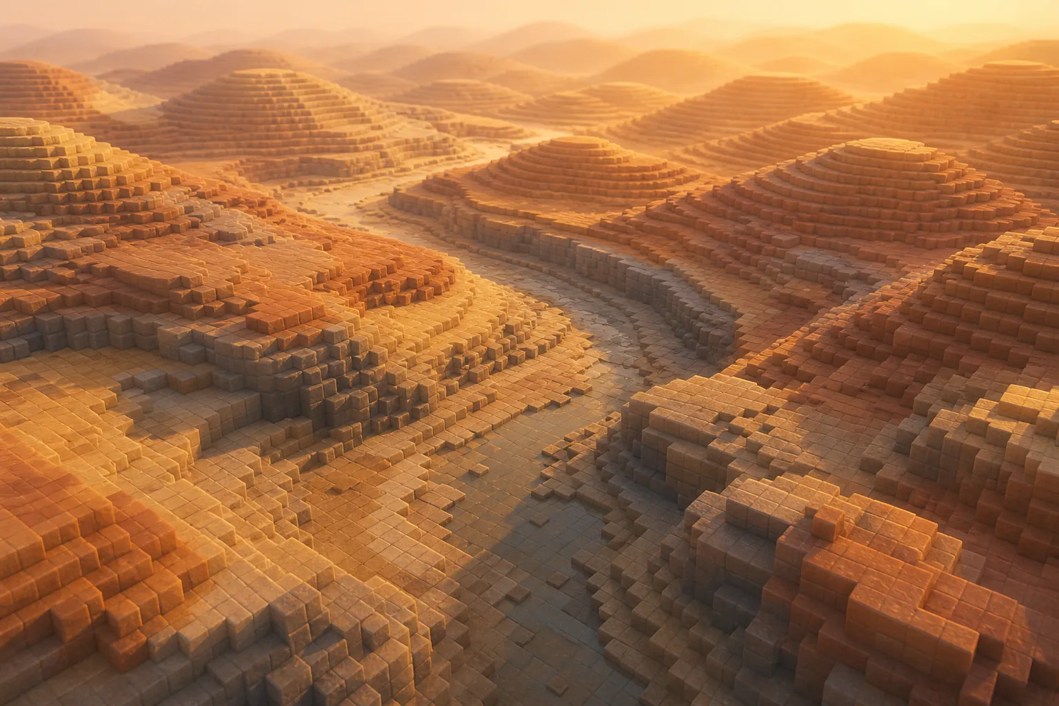 An aerial view of a bare voxel landscape at golden hour, detailed in the foreground and simplifying into a soft hazy horizon, with no plants, animals, or structures.