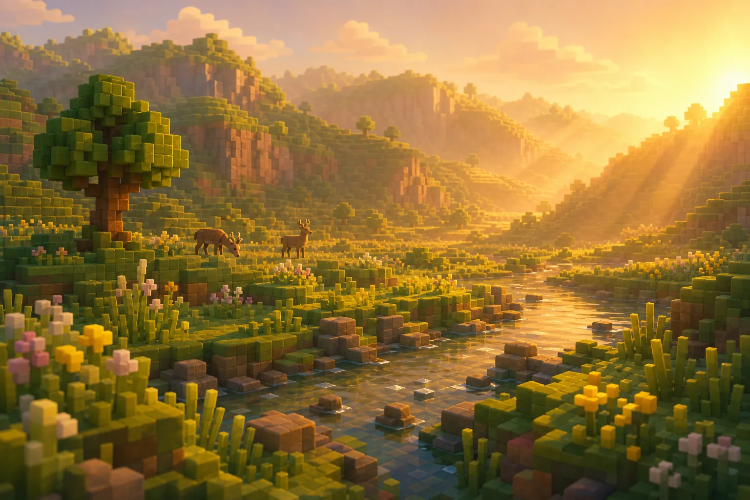 A wide golden-hour voxel valley seen from above, soft hills and a winding river bathed in calm warm light, the wild land resting quietly as if slowly gathering itself.