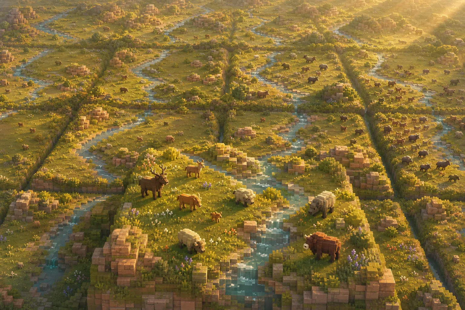 The same voxel valley shown as a grid of side-by-side panels at golden hour, each panel holding a slightly different scattering of grazing animals.