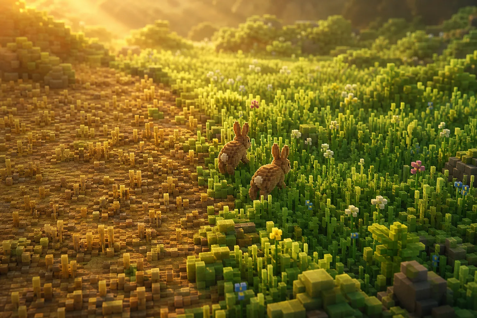 A voxel meadow split between a grazed-down patch cropped short and lush untouched green grass, with two rabbits moving toward the greener side.