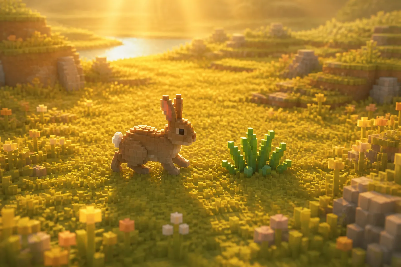 A single voxel rabbit walking across a golden-hour meadow toward one nearby tuft of fresh green grass.