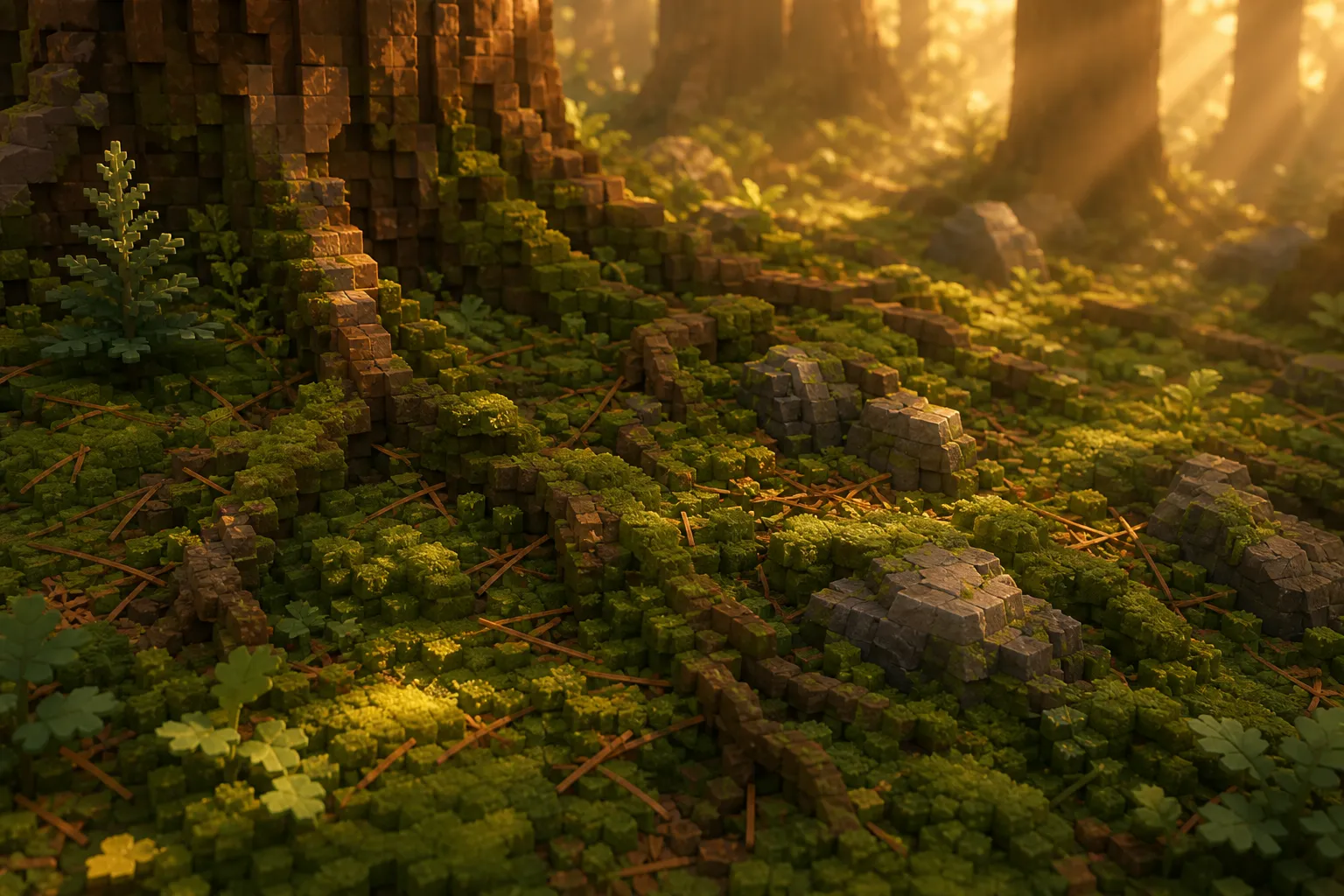A deep, unbroken carpet of moss covering roots and stones on a conifer forest floor, lit by warm light through the canopy.