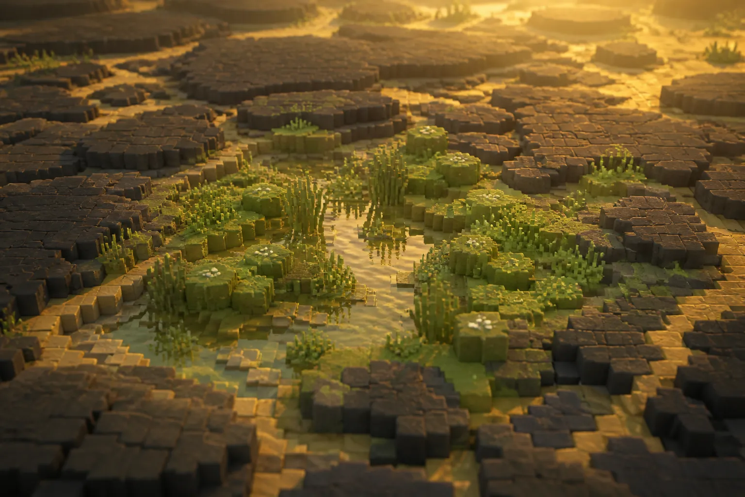 Dark crusted desert soil cracked into low plates, with one rain-wet patch flushed green.