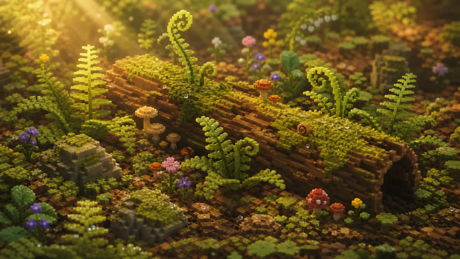 The Long Watch Field Notes — a sunlit voxel forest floor; concept art, pre-alpha