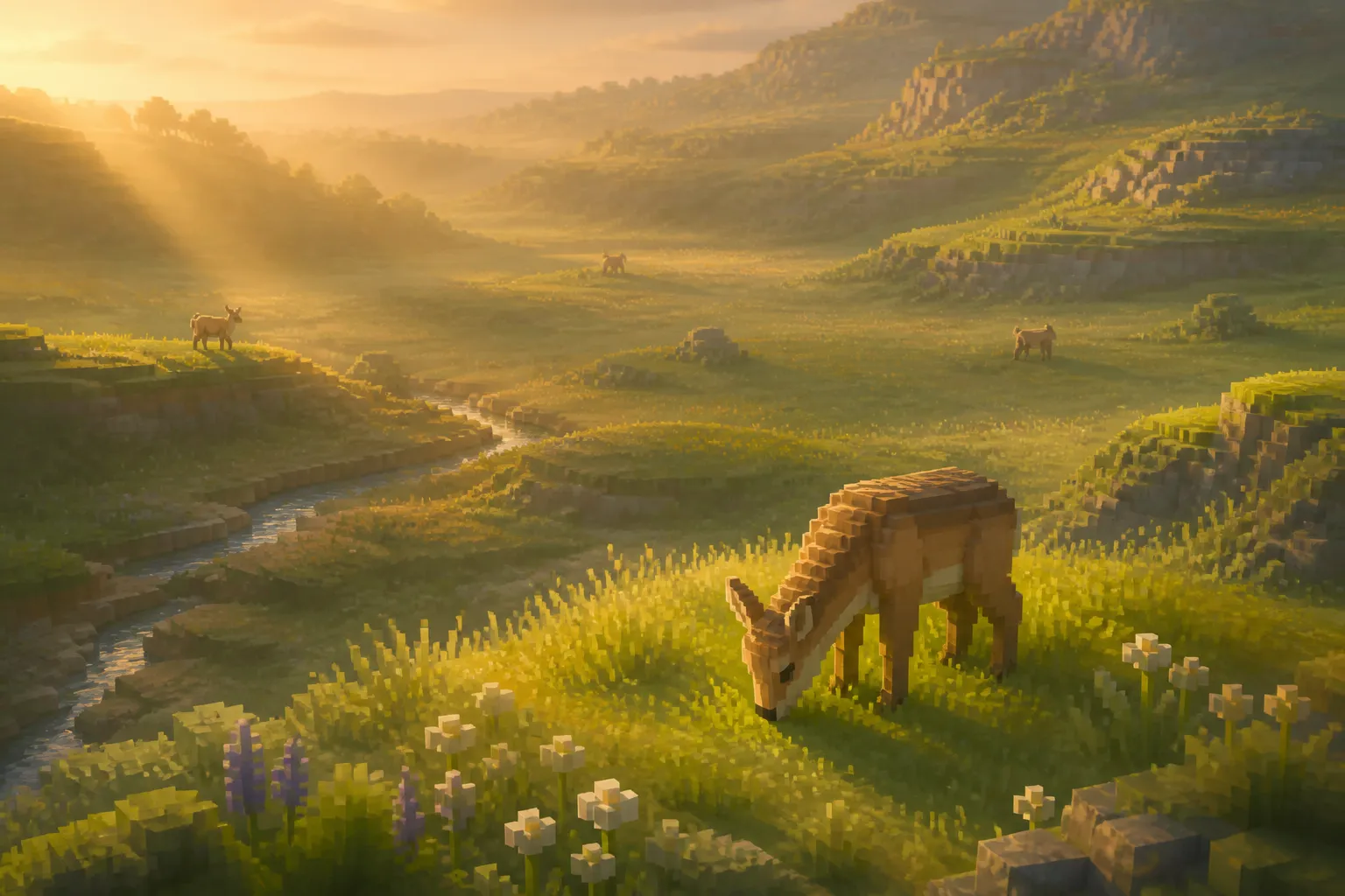 Aerial golden-hour view of a wide open valley with a few small animals of the same kind scattered far apart across the grass, each isolated by distance from the others.