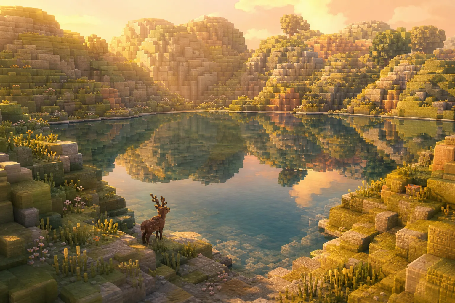 An aerial view of a weathered voxel valley at golden hour, a still lake in the low ground meeting the worn hillsides along a crisp, level shoreline.