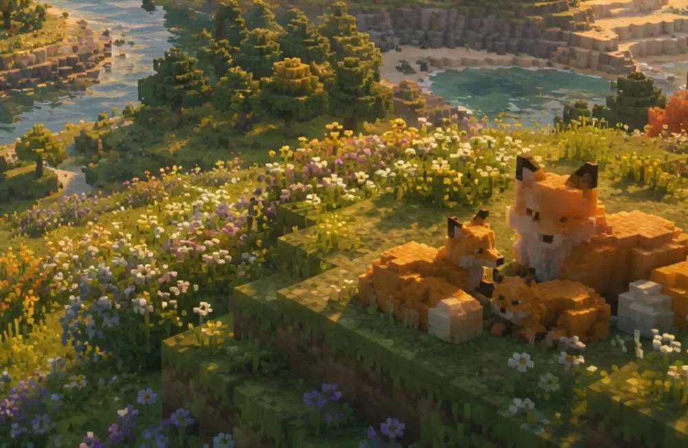 A family of voxel foxes resting in a meadow of wildflowers