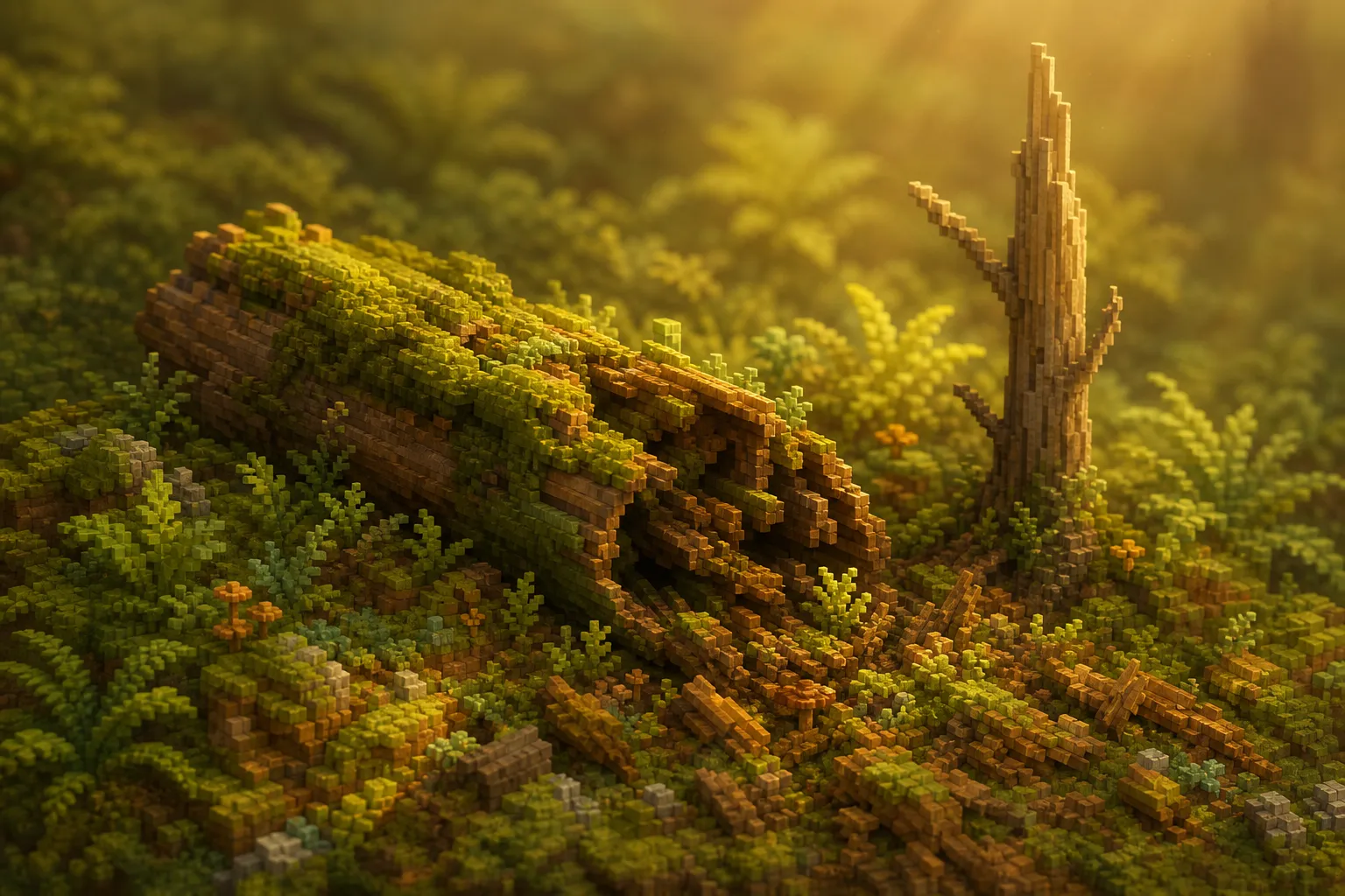 A fallen, moss-covered log breaking down into woody debris among ferns on the forest floor, with a bare upright dead trunk standing nearby in warm light.