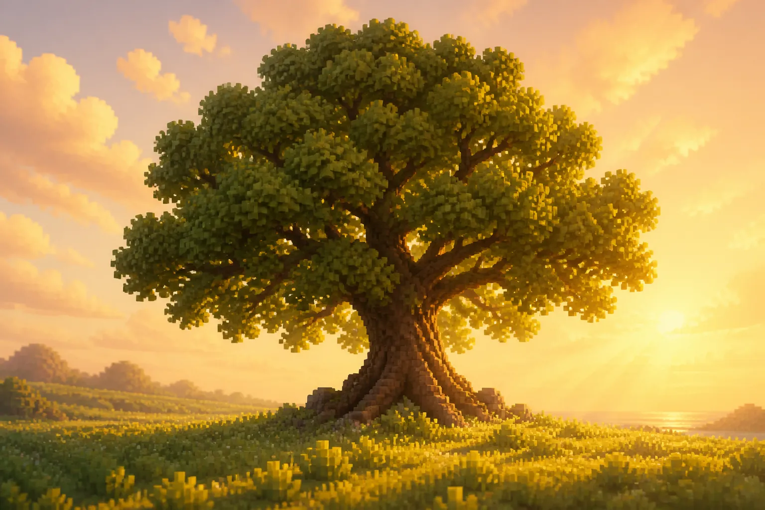 A single tall, mature oak with a full leafy crown standing alone over a wide carpet of short golden-green meadow grass at golden hour.