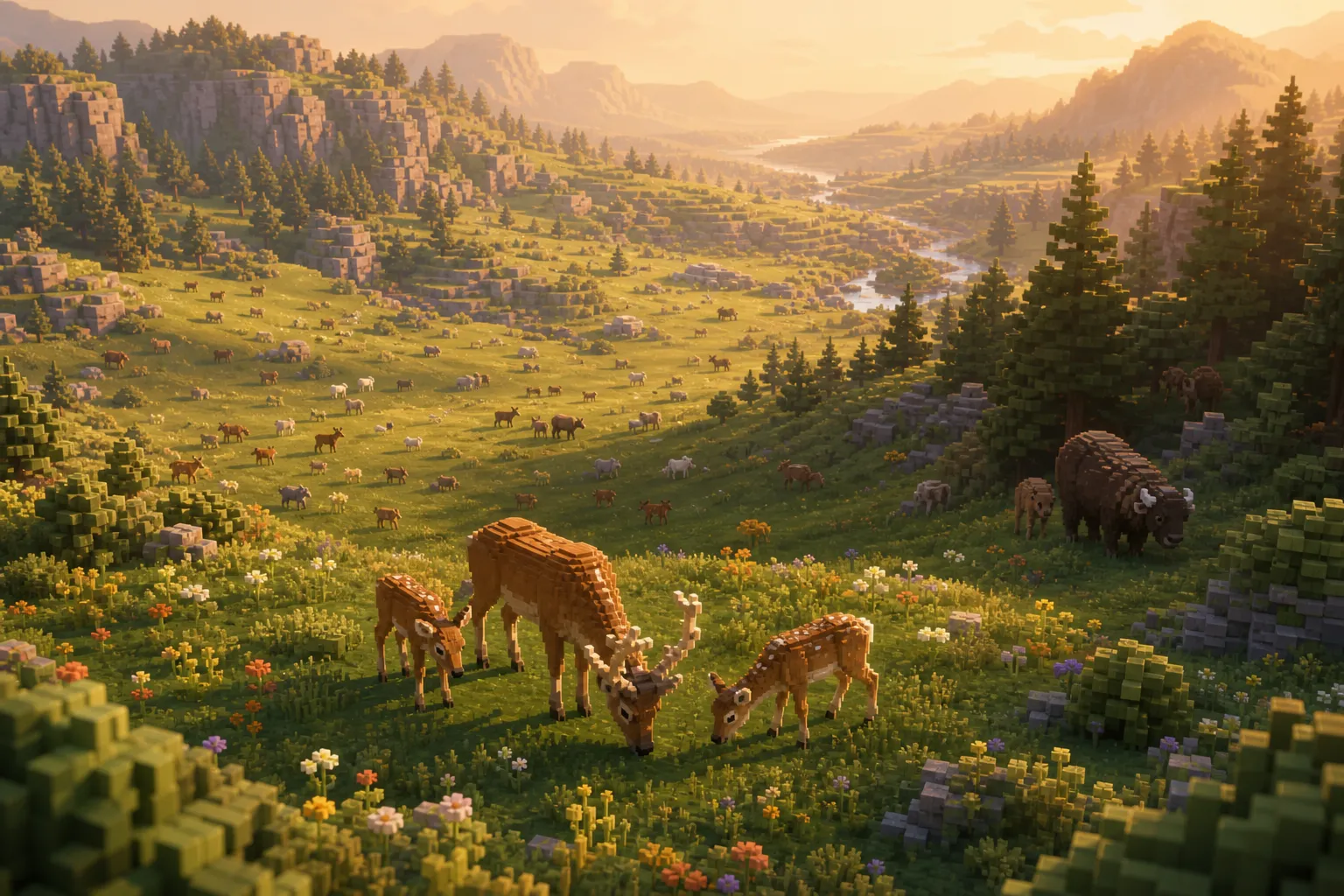 A wide voxel valley at golden hour with many small animals grazing across its slopes, seen from above, calm and unchanged.