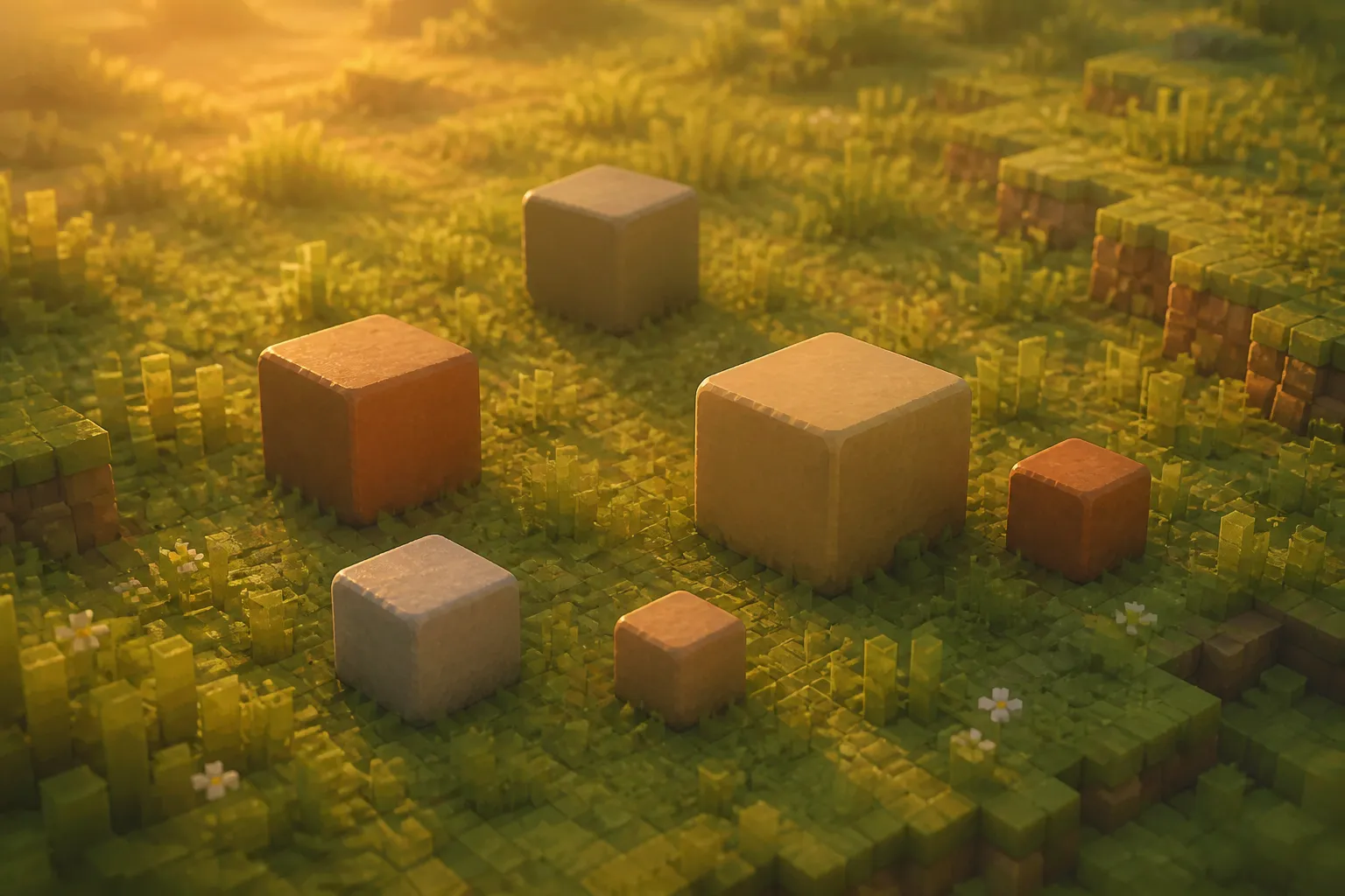 Several plain voxel cubes of different sizes and warm hues resting on a soft golden-hour meadow, each one visibly distinct from the next.