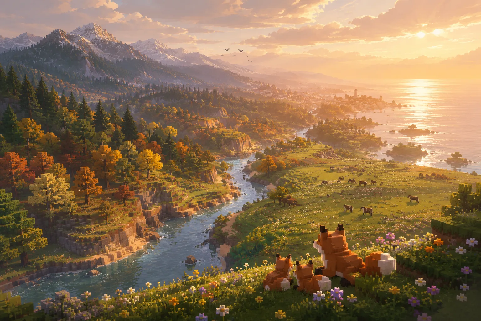The Long Watch — a golden-hour voxel valley; concept art, pre-alpha
