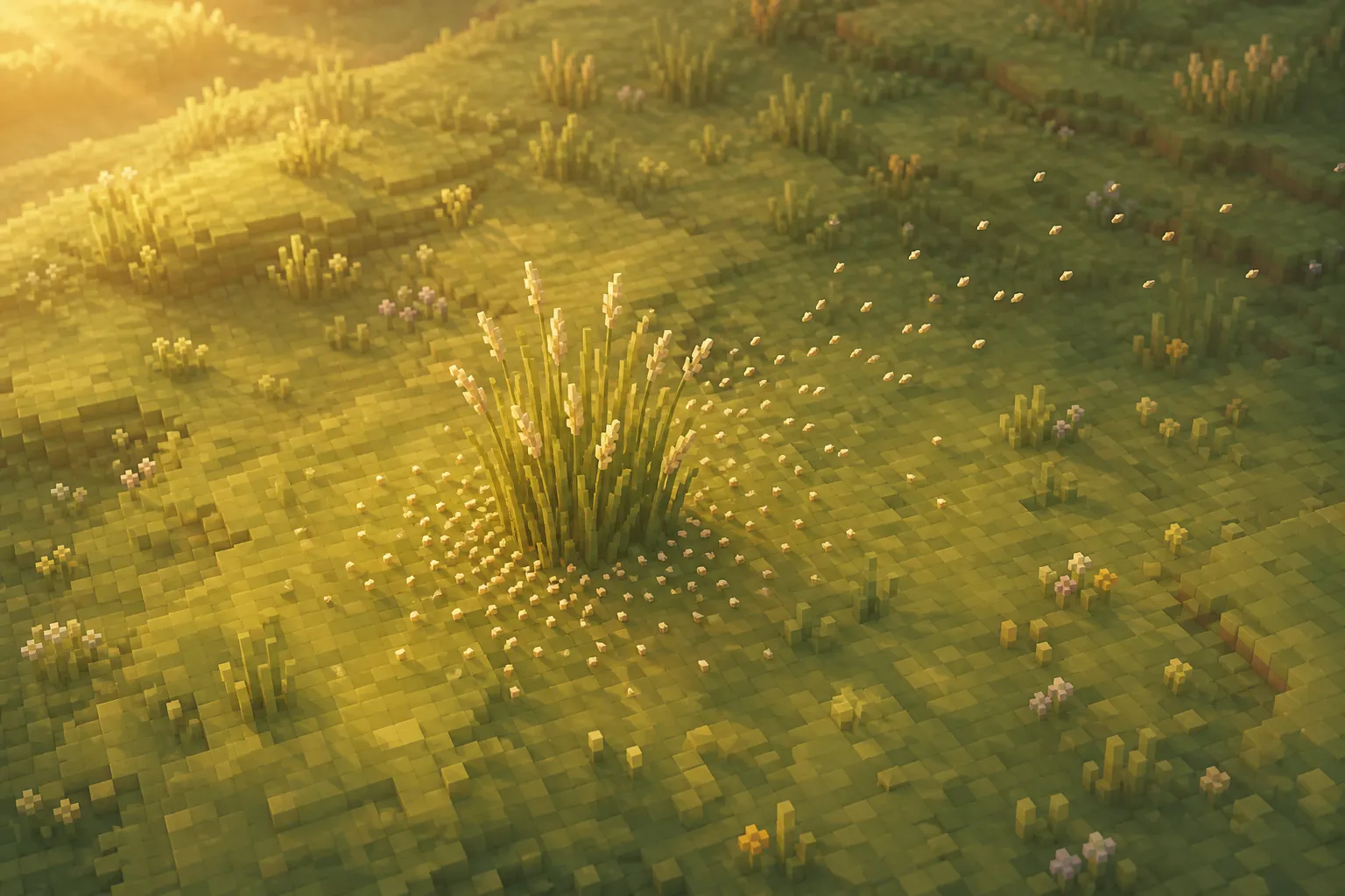 Aerial golden-hour view of a voxel meadow where tiny seeds scatter from one grass tuft, most landing close by and a few drifting in one downwind direction.
