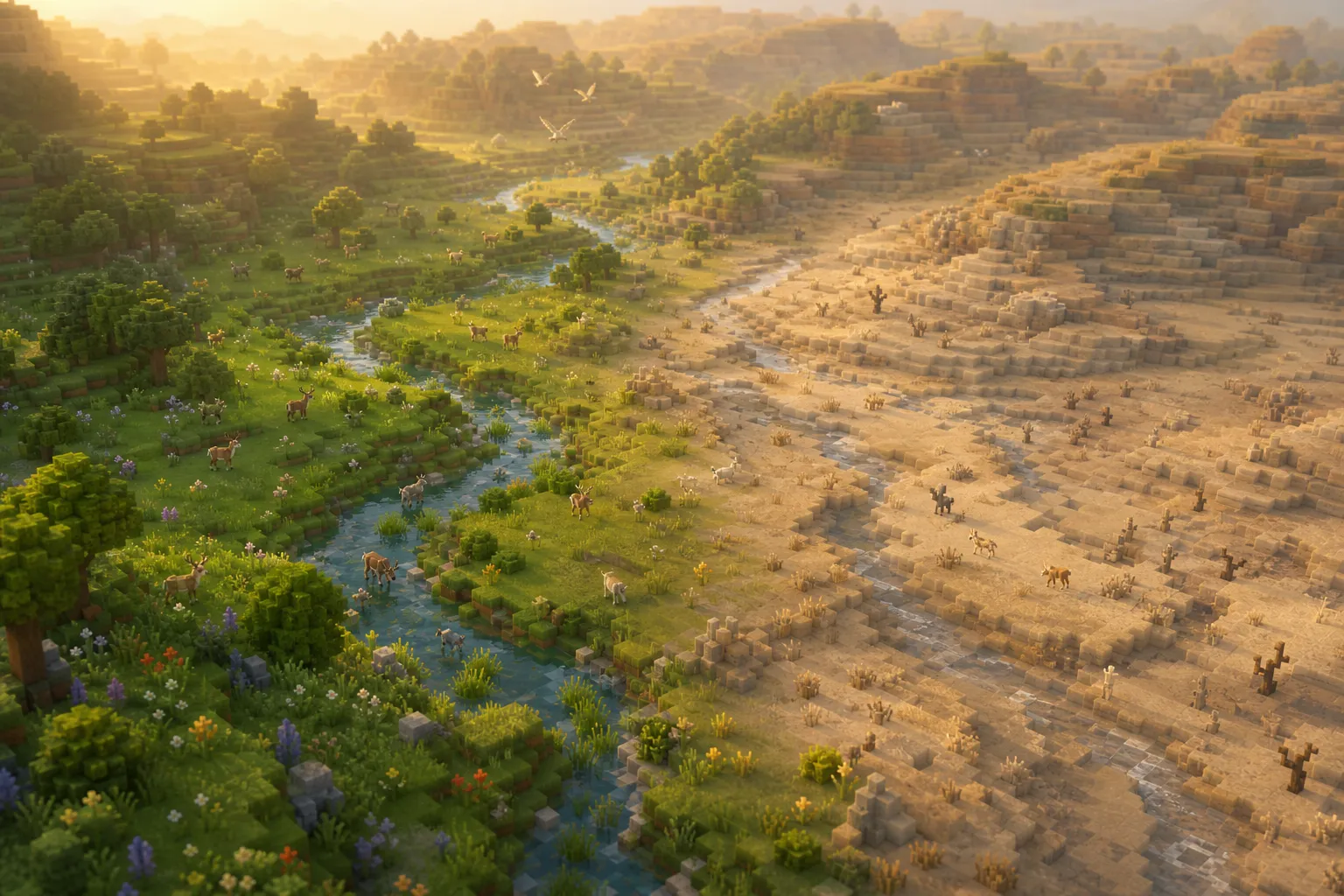 A god's-eye golden-hour view of the same voxel valley shown twice: lush and green and full of animals on one side, thin and barren with only a few animals on the other.
