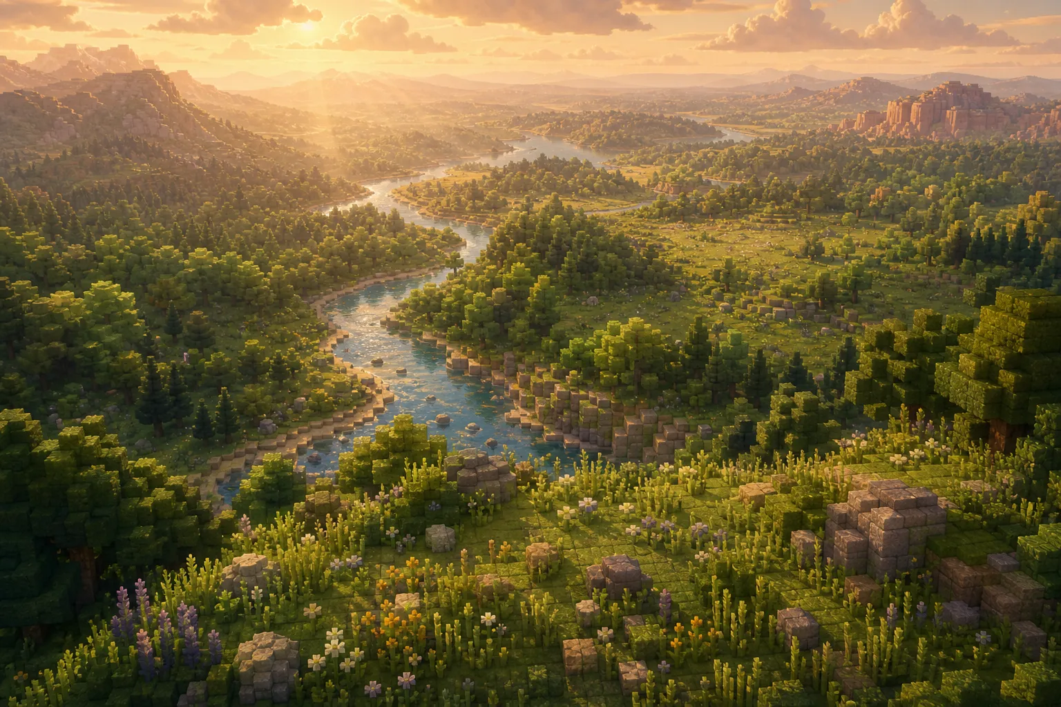 An aerial golden-hour view of a vast voxel wilderness of rounded hills, a winding river, and forests receding into haze toward a distant horizon.