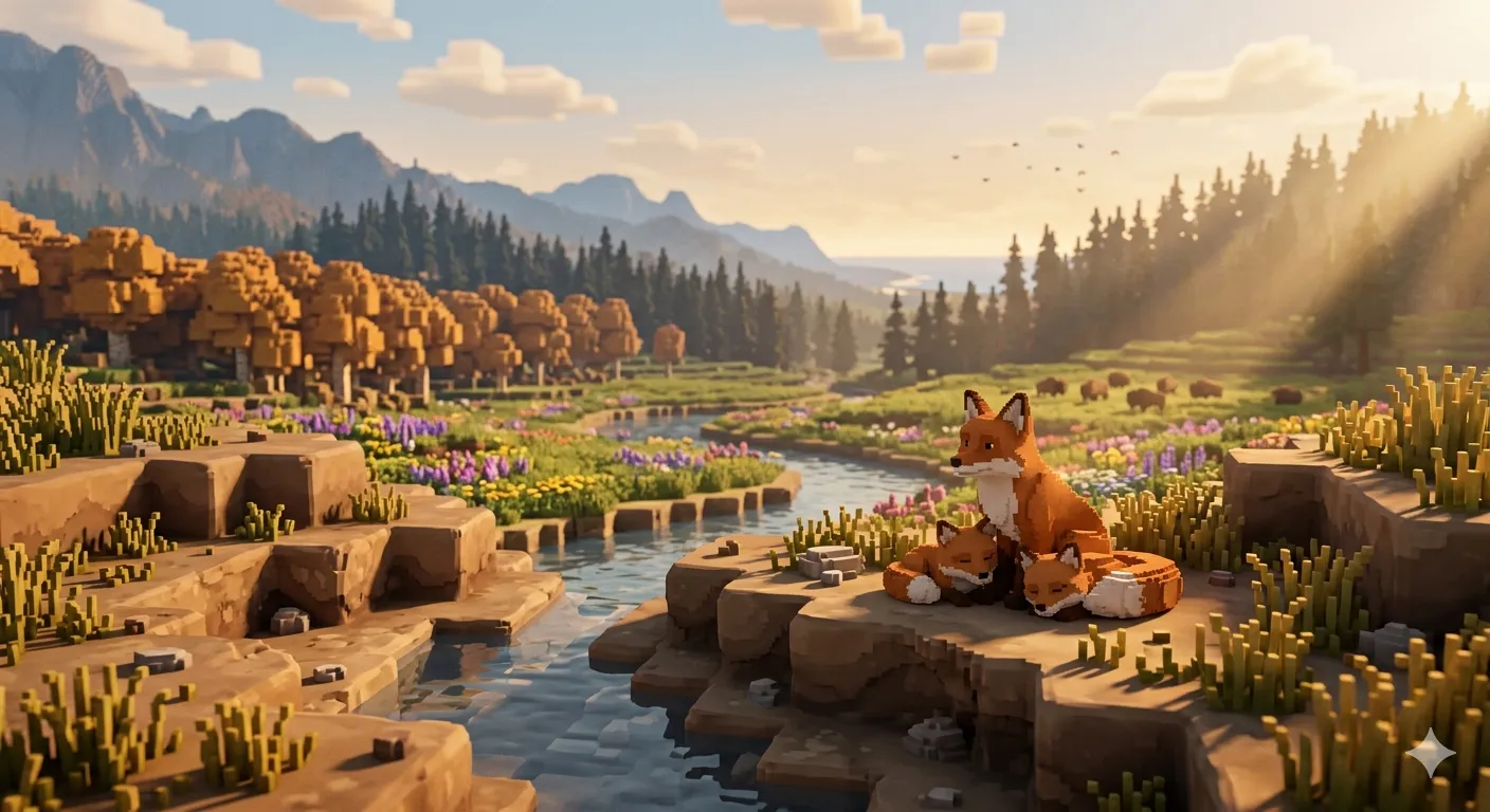 A fox resting by a stream in a wildflower meadow, in the last of the evening light