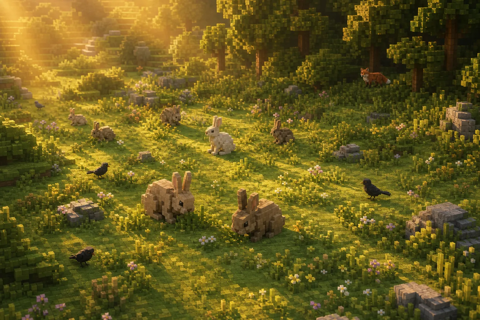 An aerial golden-hour view of a voxel meadow with rabbits scattered across the grass, a few birds, and a lone fox near the trees.