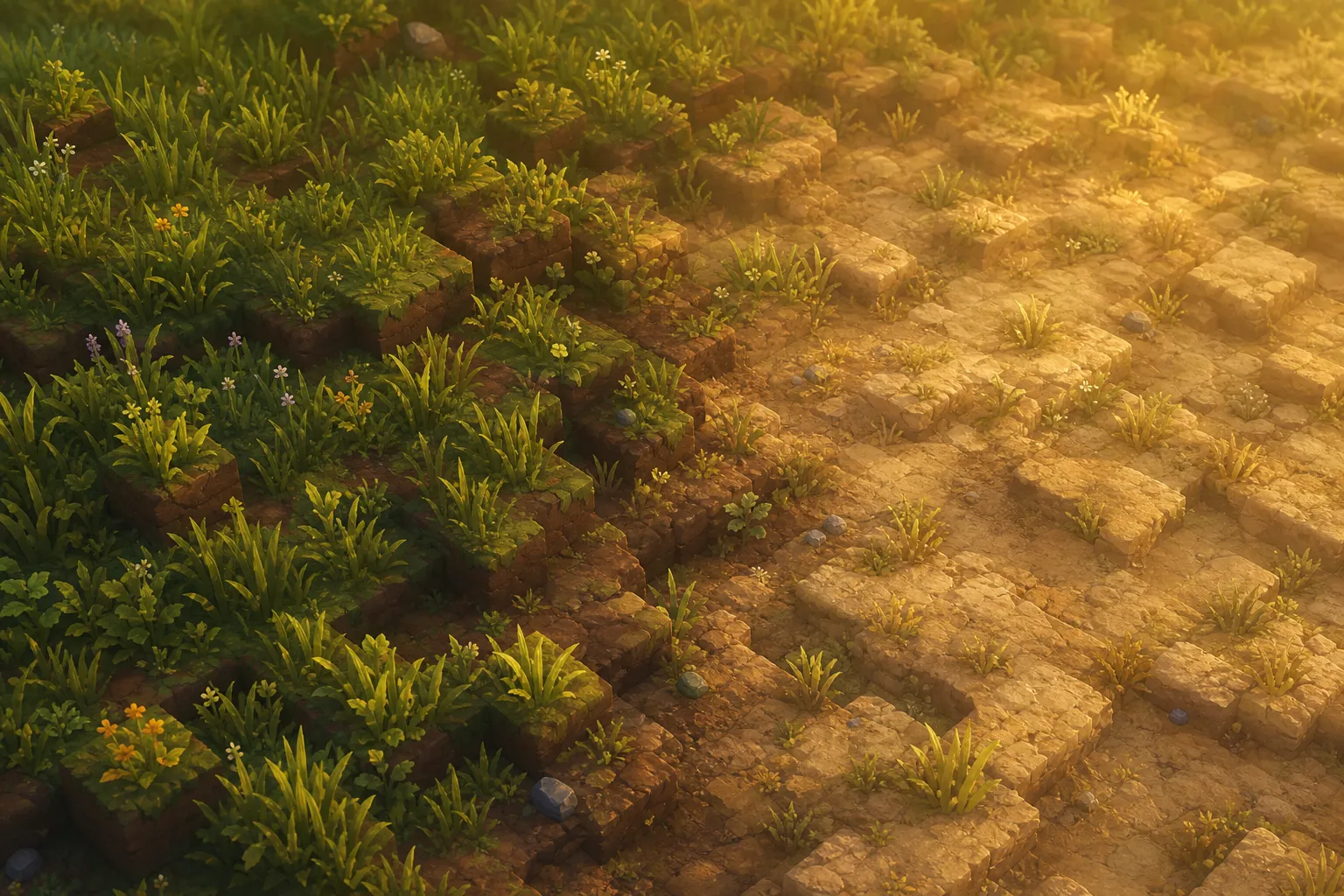 Two neighbouring patches of voxel ground in warm light, one dark and richly grassed, the other pale and thinly worn.