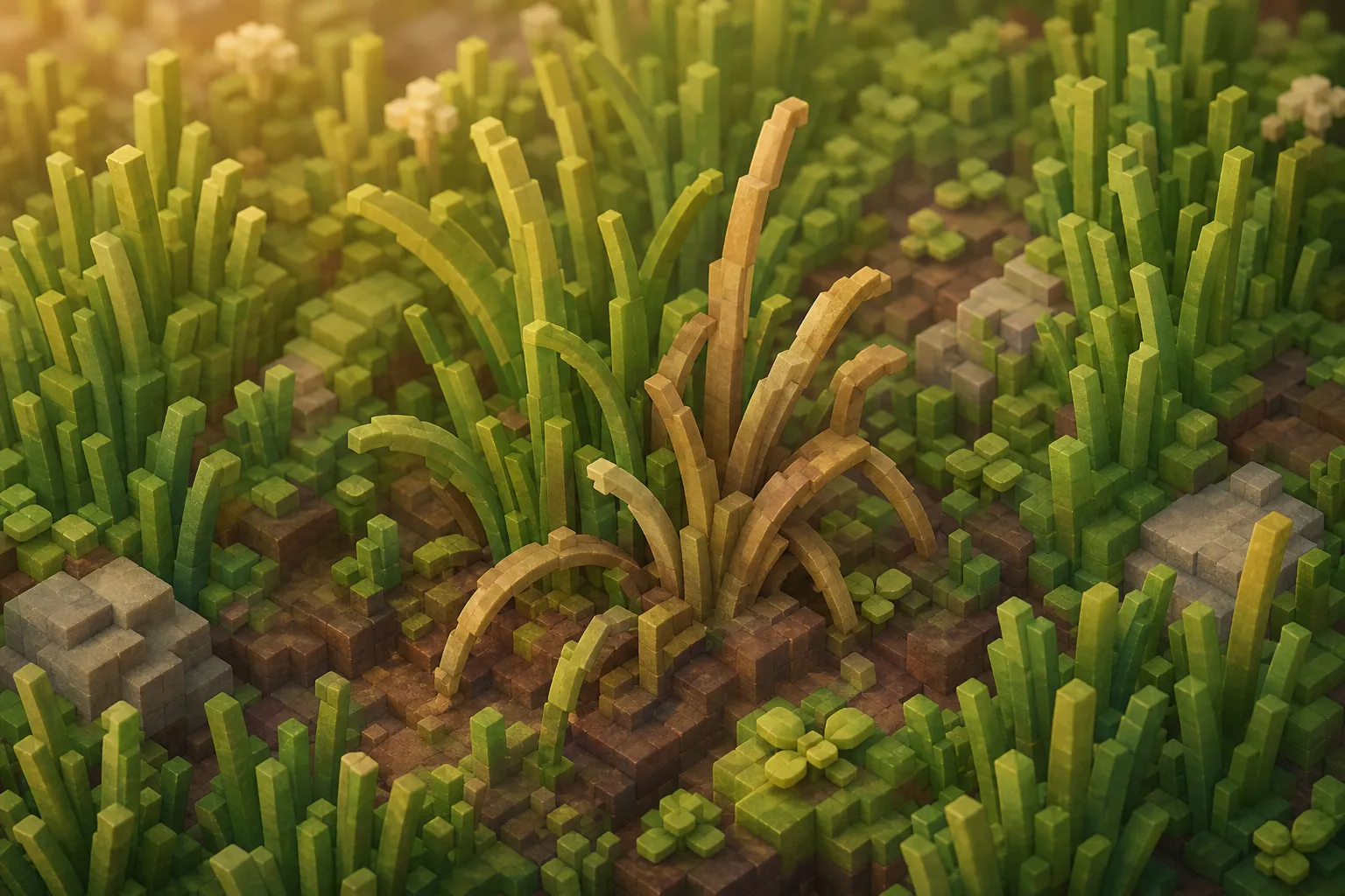 Close view of a patch of golden-hour voxel meadow grass where a central tuft has muted to dull tan and slumped toward the soil among the living green blades.