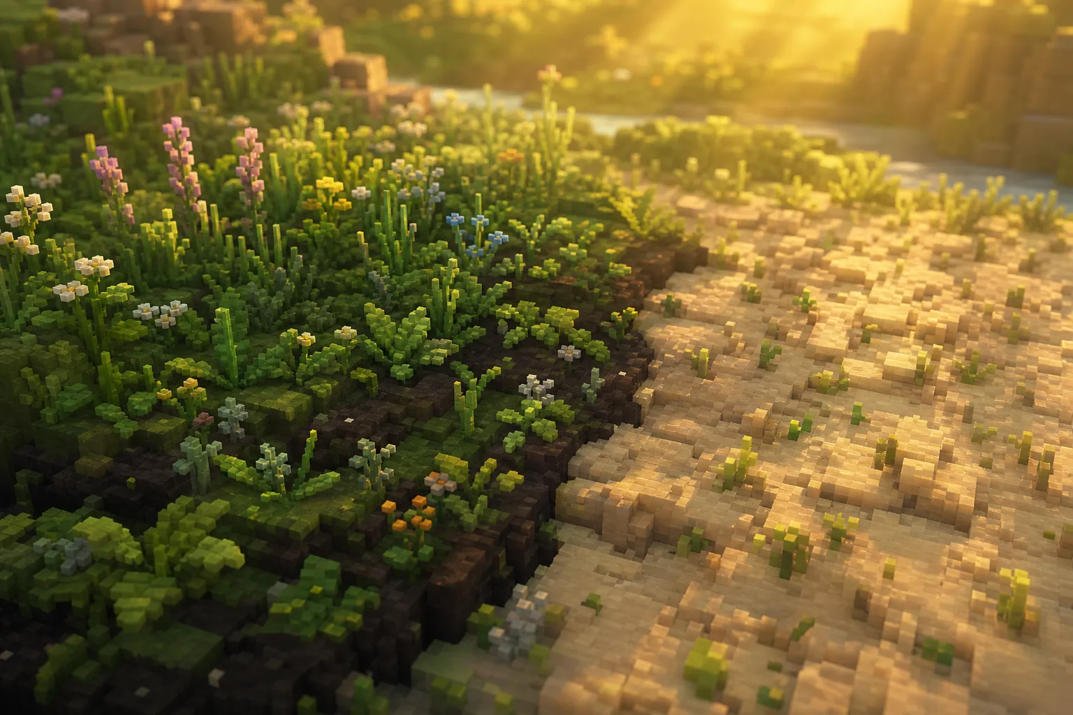 A long-undisturbed stretch of meadow with deep dark soil and a thick carpet of grass and small flowers meets a younger, thin, pale patch of bare-ish earth with only sparse new sprouts.